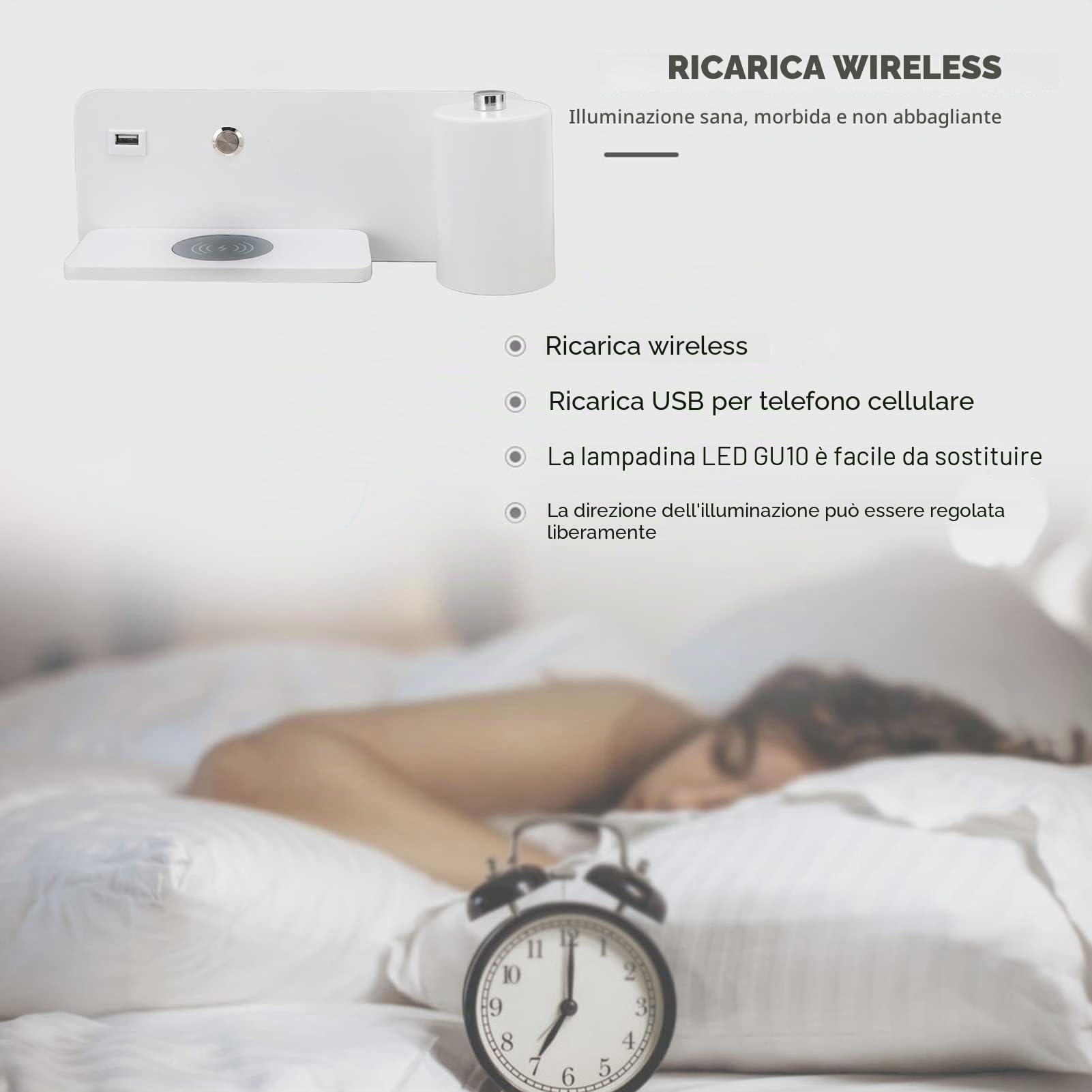 Applique a Led, Lampada Da Lettura a Parete Da Comodino Con Caricatore Wireless Da 5 V E Porta Di Ricarica Usb Lampada Da Parete Da Camera Da Letto Regolabile E Girevole Per Il(Bianco a destra)