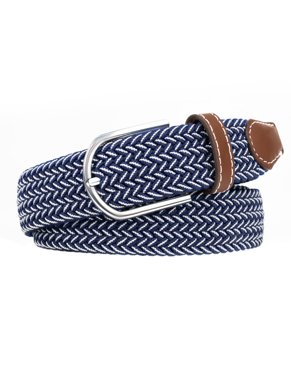 Multicolored Stretch Woven Golf Belt Perfect for Golf, Casual and Sports Attire Elastic Braided Belt for Men and Women, Navy Blue Inter White, for Waist Size 40"-44"