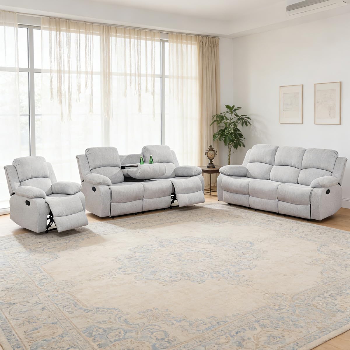Manual Recliner Sofa Set, Microfiber Reclining Couch Set, 3 Pieces Living Room Furniture Sets, 2 Reclining Sofas and 1 Chair with Cup Holders/Flip Down Table for Home/Office/Club, Grey White