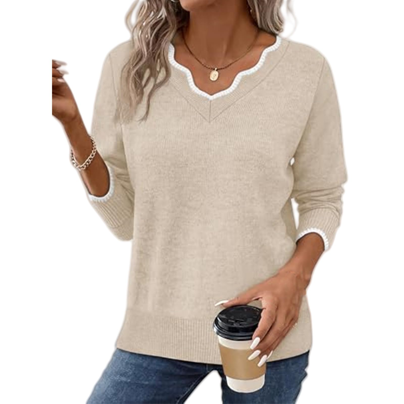 Womens Sweaters V Neck Long Sleeve Lightweight Pullover Sweater Cozy Knit Jumper Tops 2025 Fall Dressy Casual Clothes