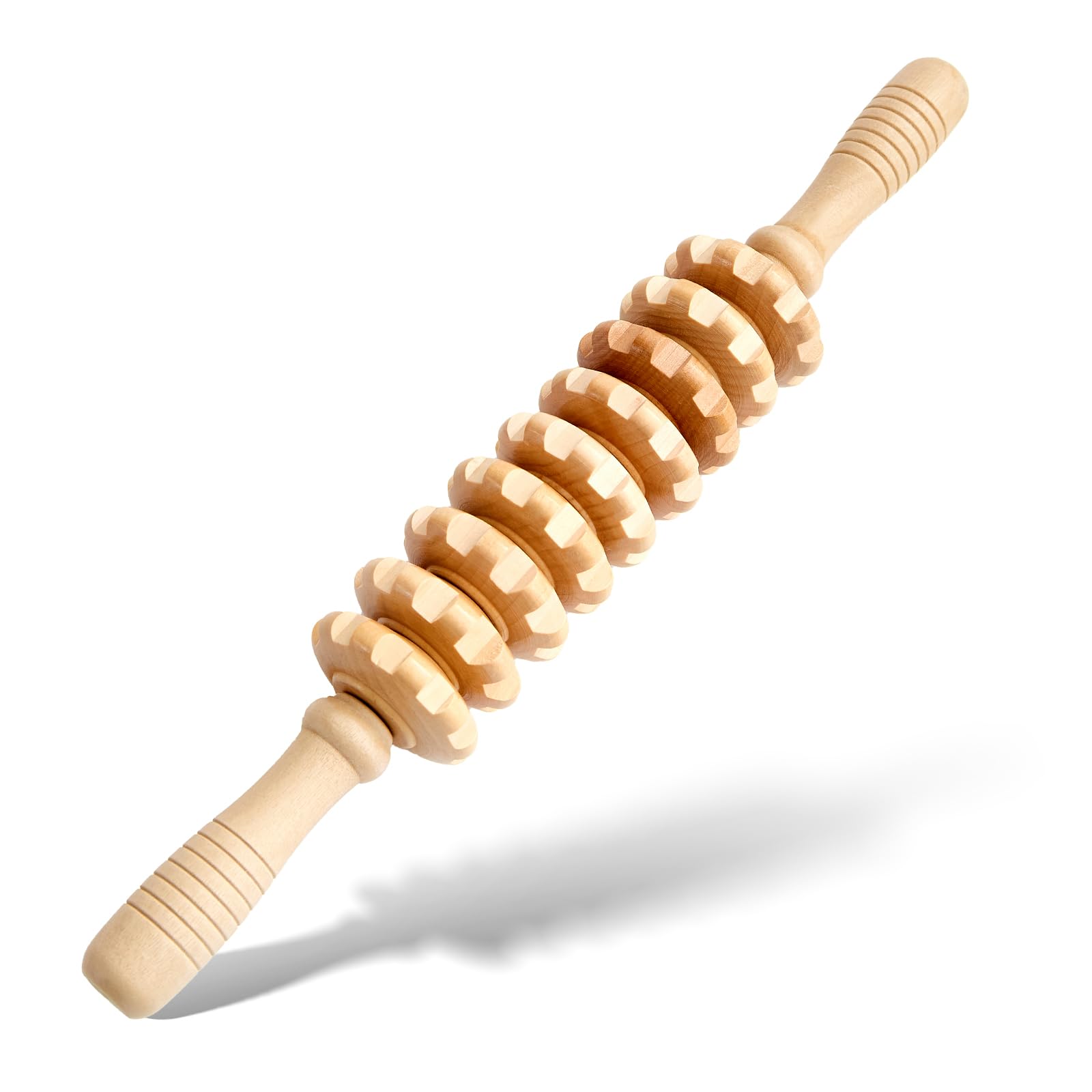 Wooden Cellulite Muscle Roller for Legs and Thighs - Handheld Fascia Blaster Tool for Muscle Relief, Lymphatic Drainage &amp; Body Sculpting - Anti Cellulite Massager for Women &amp; Men (9 Wheel)