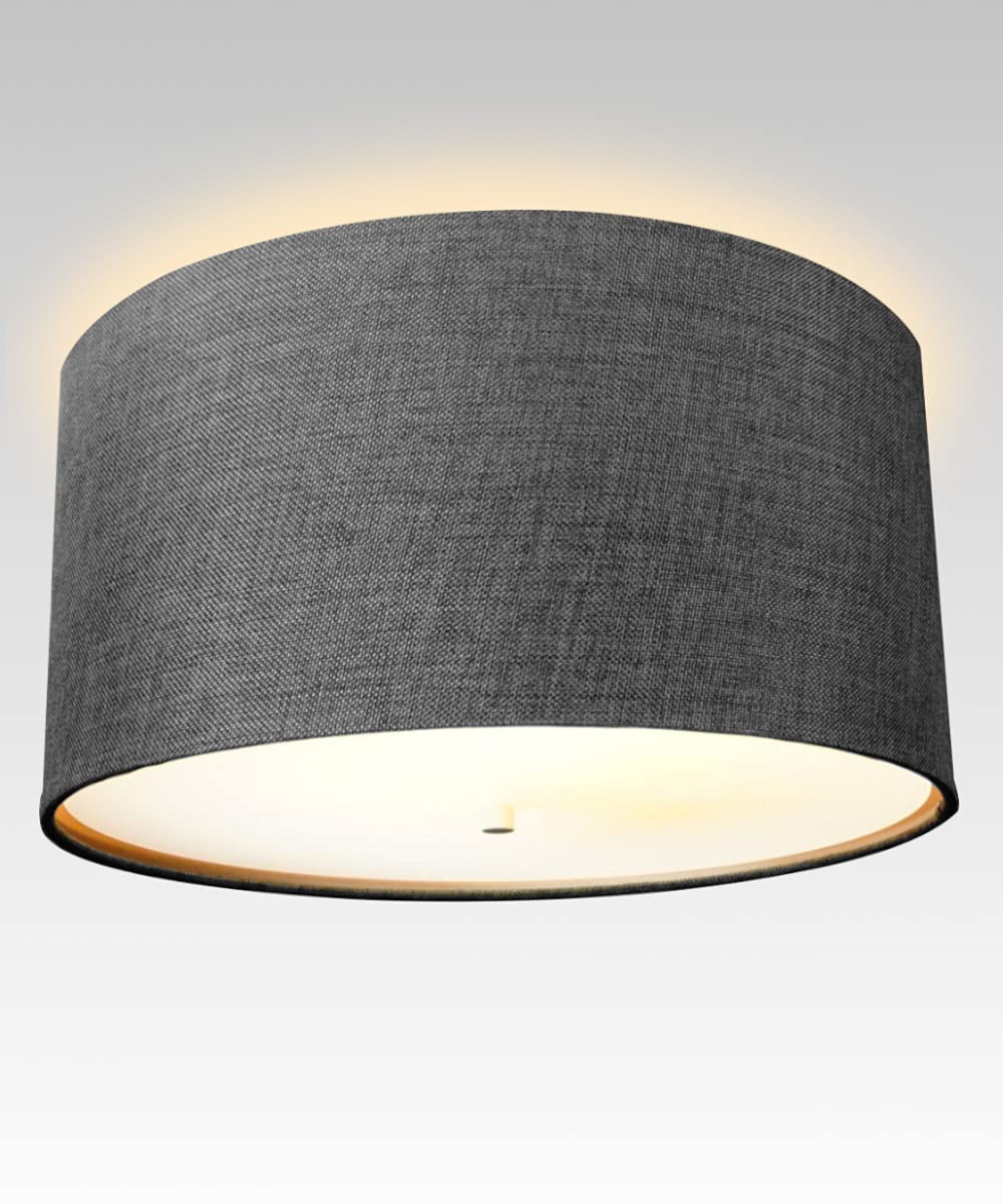 Moderne Flush Mount Conversion Kit 18" w Granite Gray Burlap Shallow Drum Lampshade