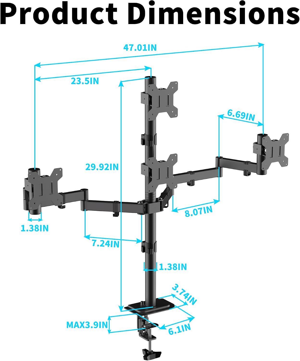 Pholiten Quad Monitor Mount for 13-32 Inch Screens, Fully Adjustable 4 Monitor Stand with Swivel, Tilt, Rotation, Clamp & Grommet Base Kit,75 * 75MM/100 * 100MM Vesa Stand, Max Load 22lbs