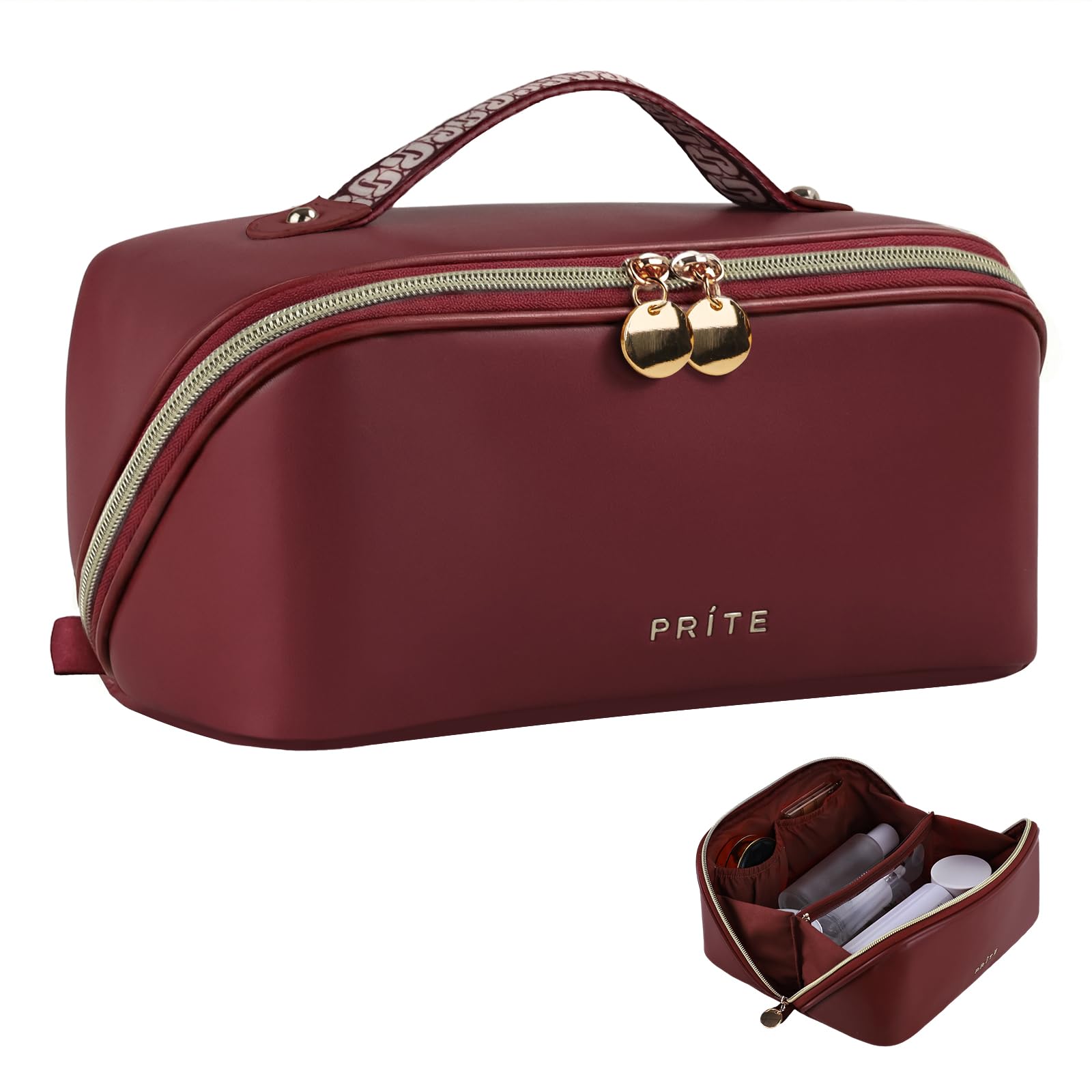Prite Large Capacity Makeup Bag Portable Travel Cosmetic Bag Waterproof Toiletry Case with Clear Divider and Handle — view 16