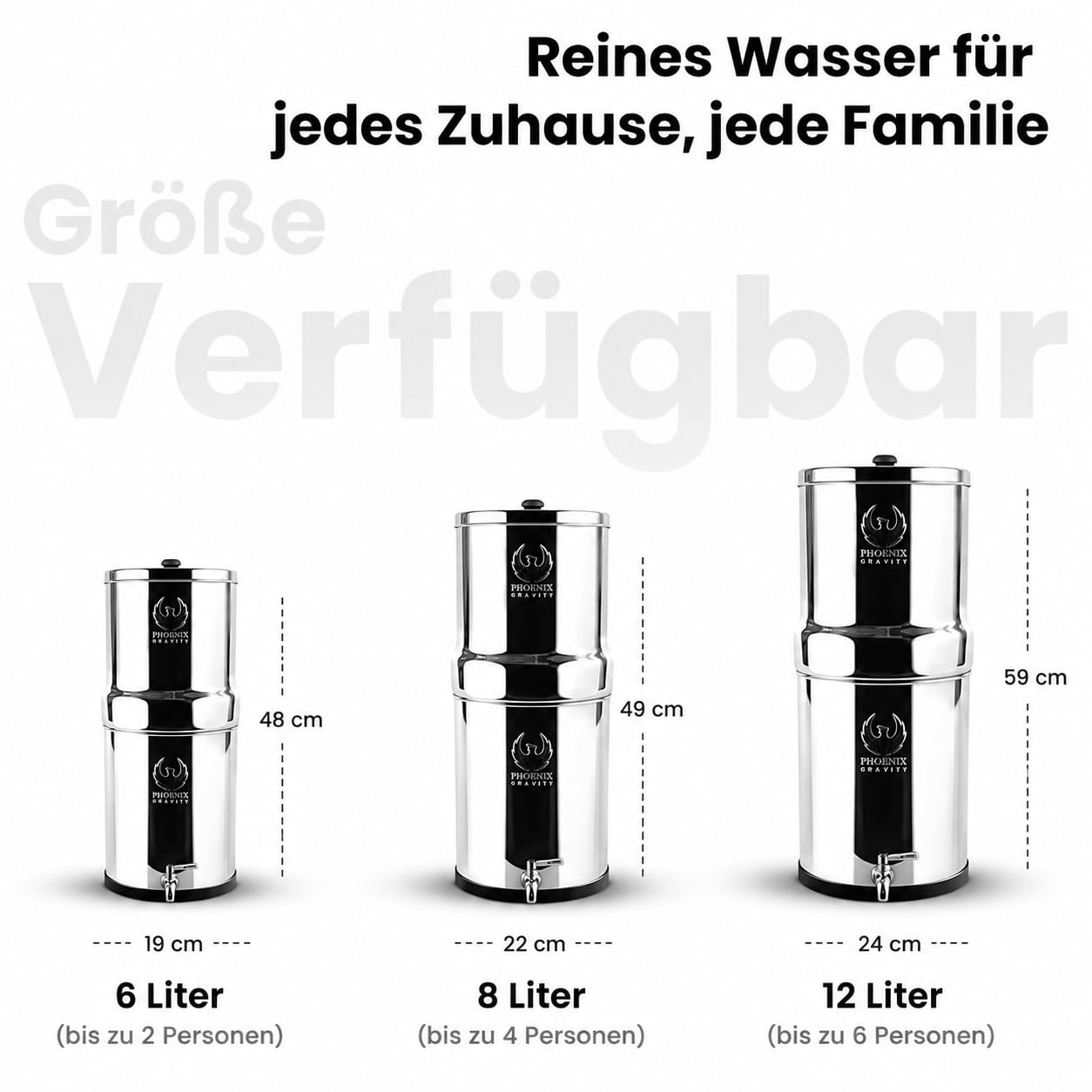 Phoenix Gravity - 6-Liter-Edelstahl-Wasserfilter (NSF/ANSI 42- und 372-zertifiziert) mit 2 Carbon-Filterkartuschen und 2 POSTreat Steel-Filterkartuschen zur Fluoridentfernung, inklusive Stahlständer