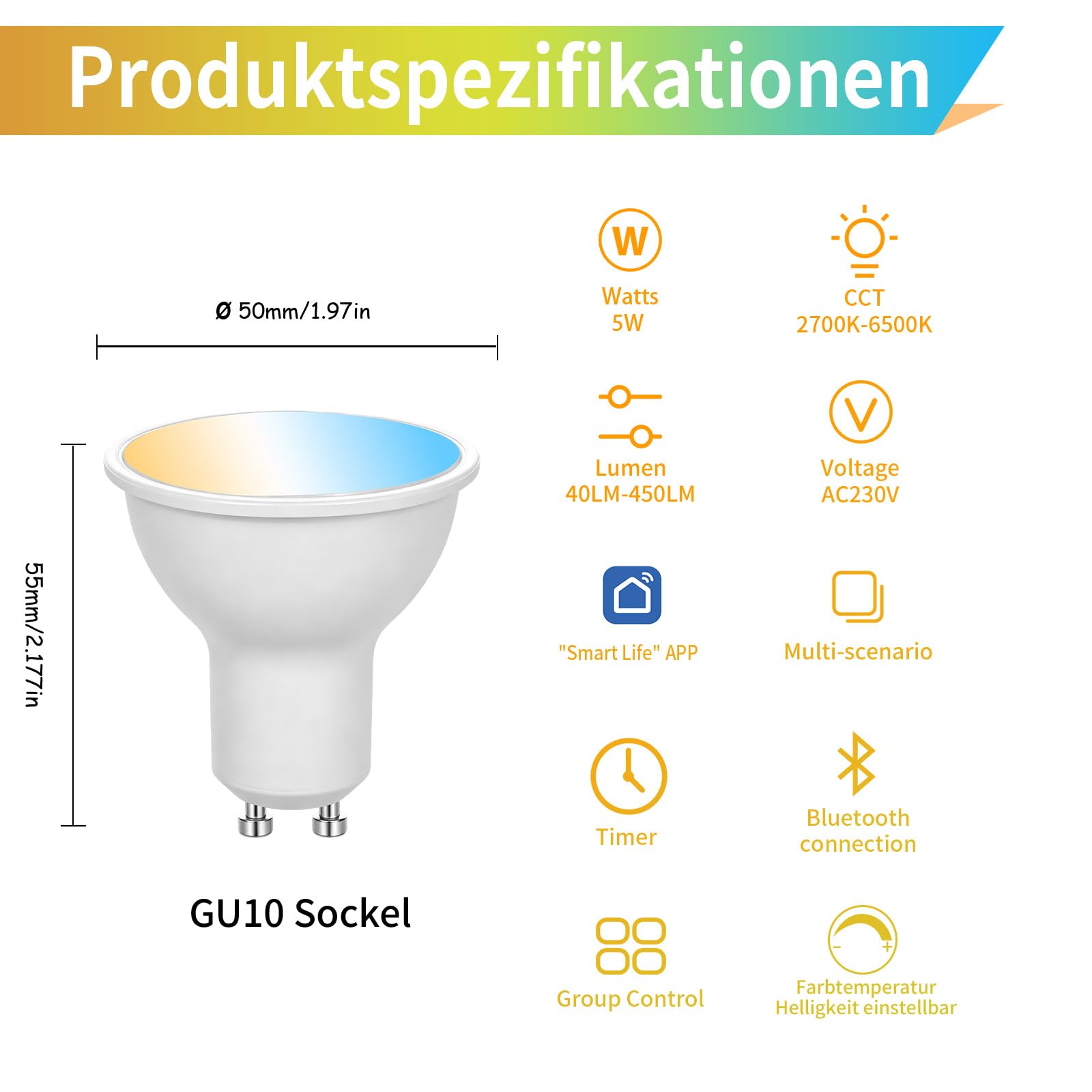 I-SHUNFA Lampadine GU10 LED con Telecomando e Controllo APP,4 Pack