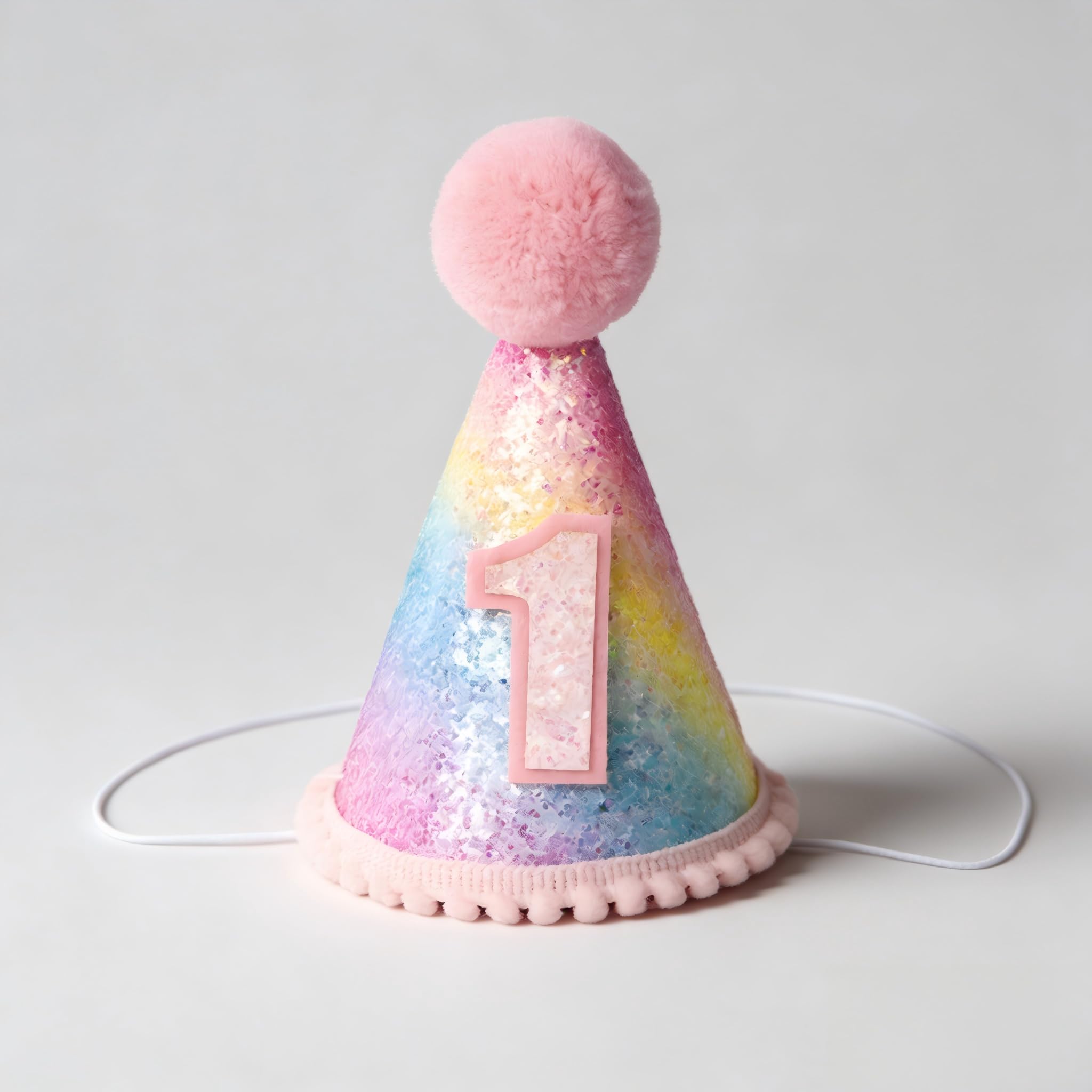 RETWOT Rainbow Gradient 1st Birthday Hat for Baby Girl - Sparkly Adjustable Elastic Party Cone Hat - Unique First Birthday Decoration & Photography Prop