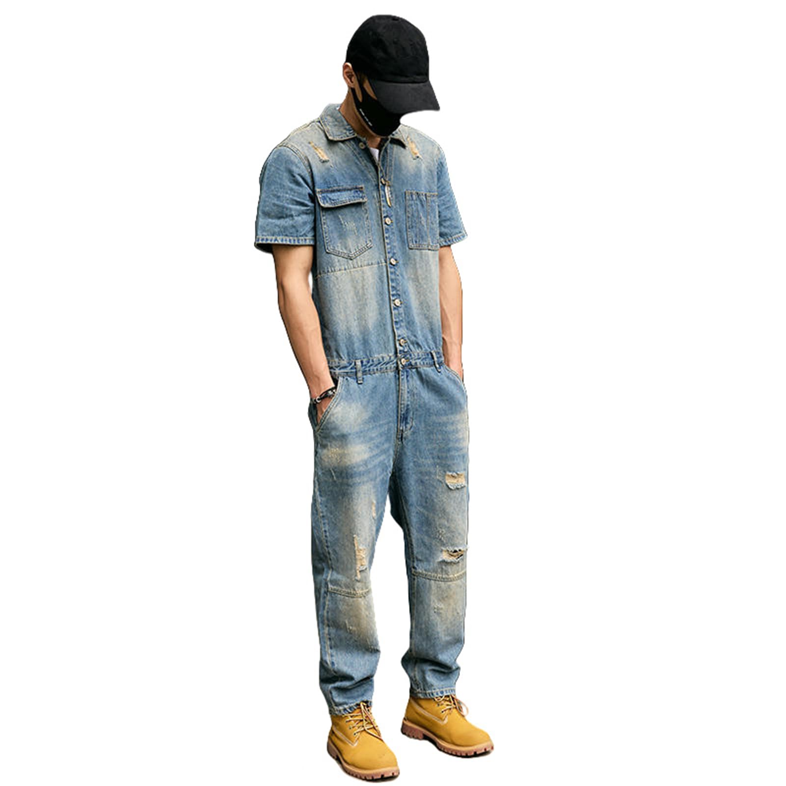 Męski letni sprany rozdarty krótki rękaw odzież robocza denim kombinezon