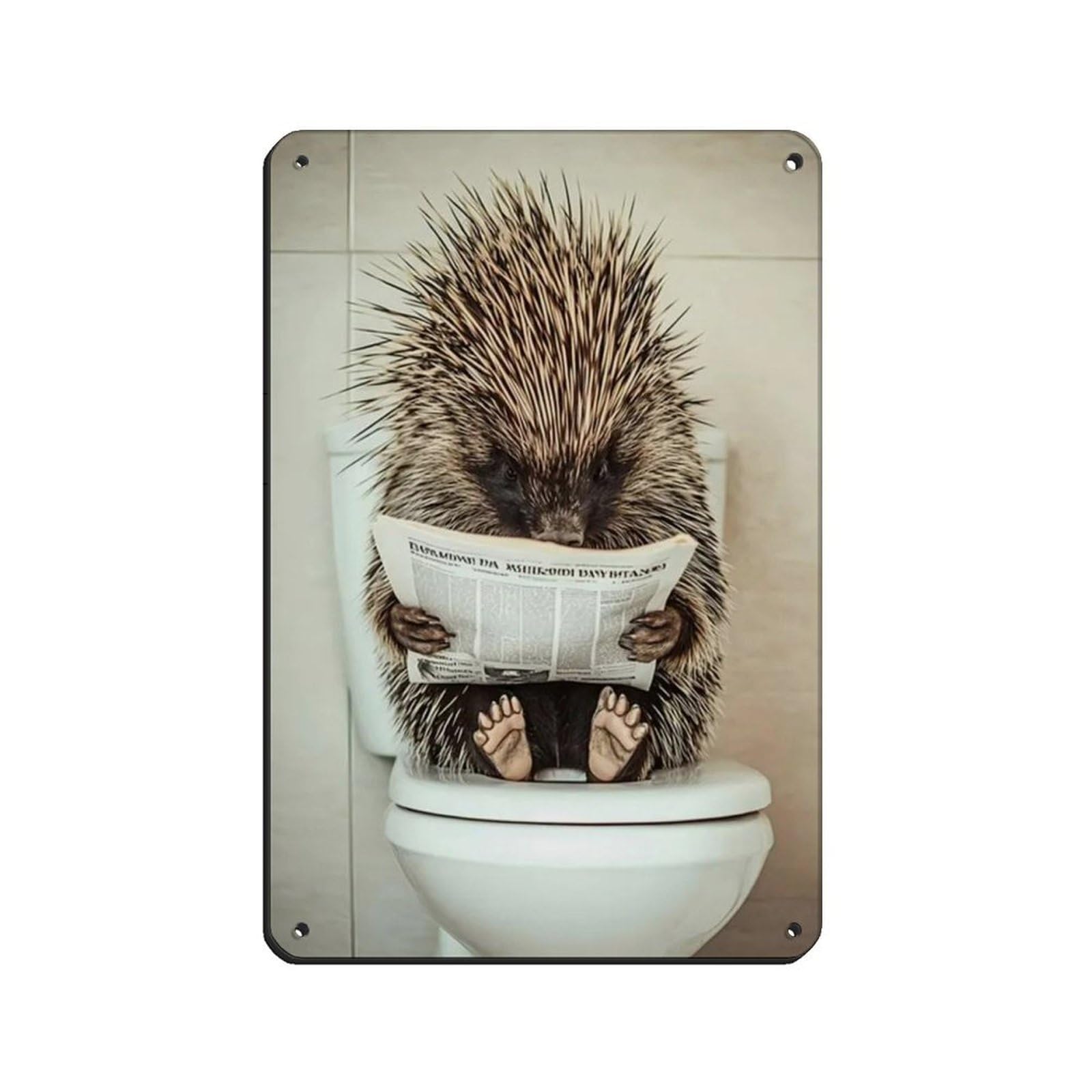 Porcupine Sitting on Toilet Reading Newspaper Retro Poster Metal Tin Sign Chic Art Retro Iron Painting Bar People Cave Cafe Family Garage Poster Wall Decoration 8x12inch(20x30cm)