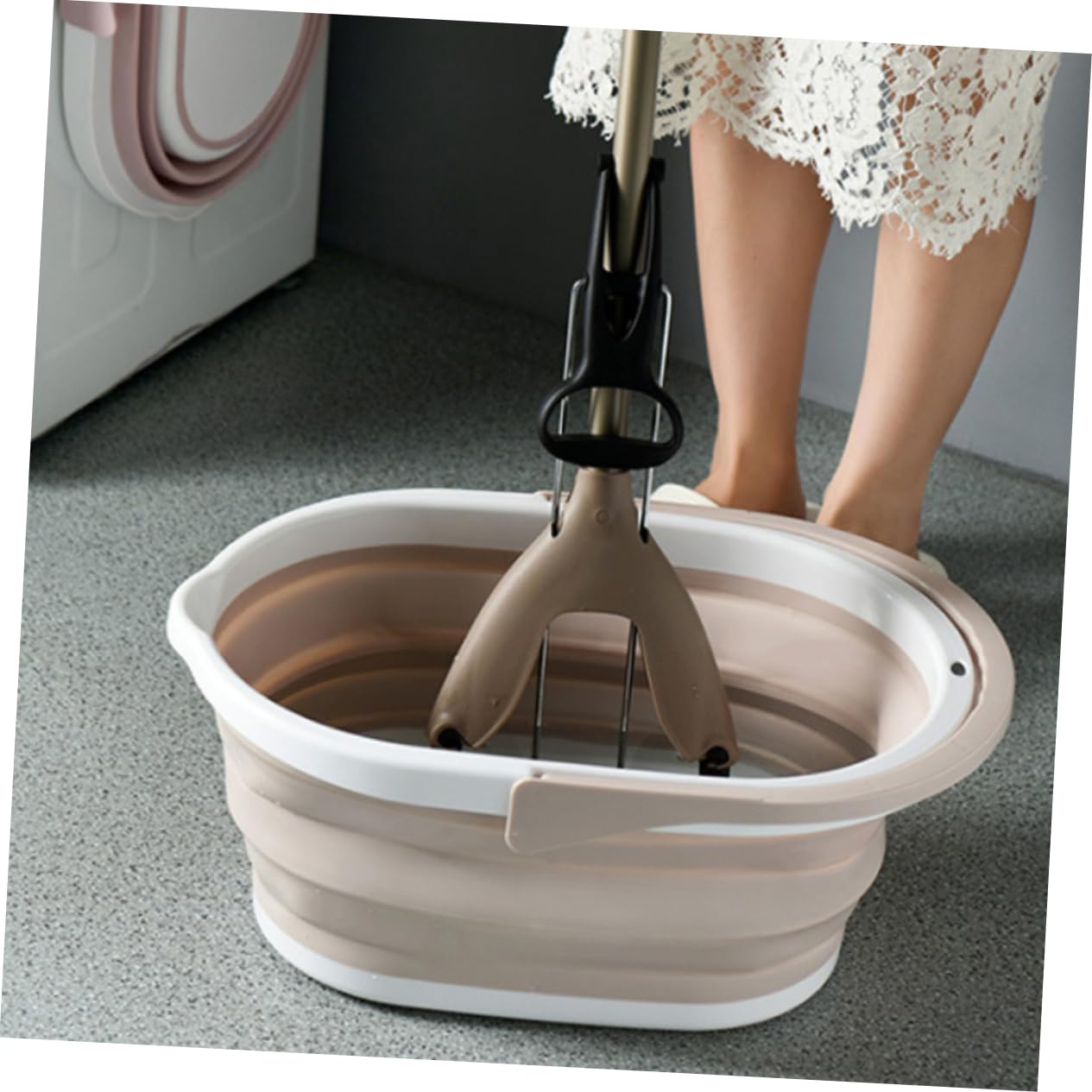 Secchio Pieghevole per Straccio in Pp Beige, Portatile | Pavimenti e Superfici Lisce, Uso Scolastico, Lavabile, Accessorio Leggero per Pulizia Domestica