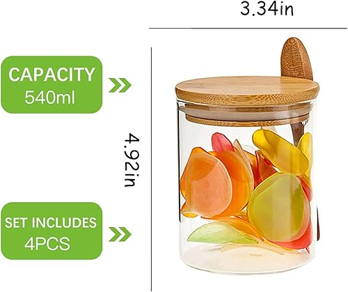 Miniatura 3 de Paquete de 4 tarros de vidrio con tapas de bambú, recipientes de vidrio de 18.5 onzas con tapa hermética de bambú 100% sellados, tarros de avena