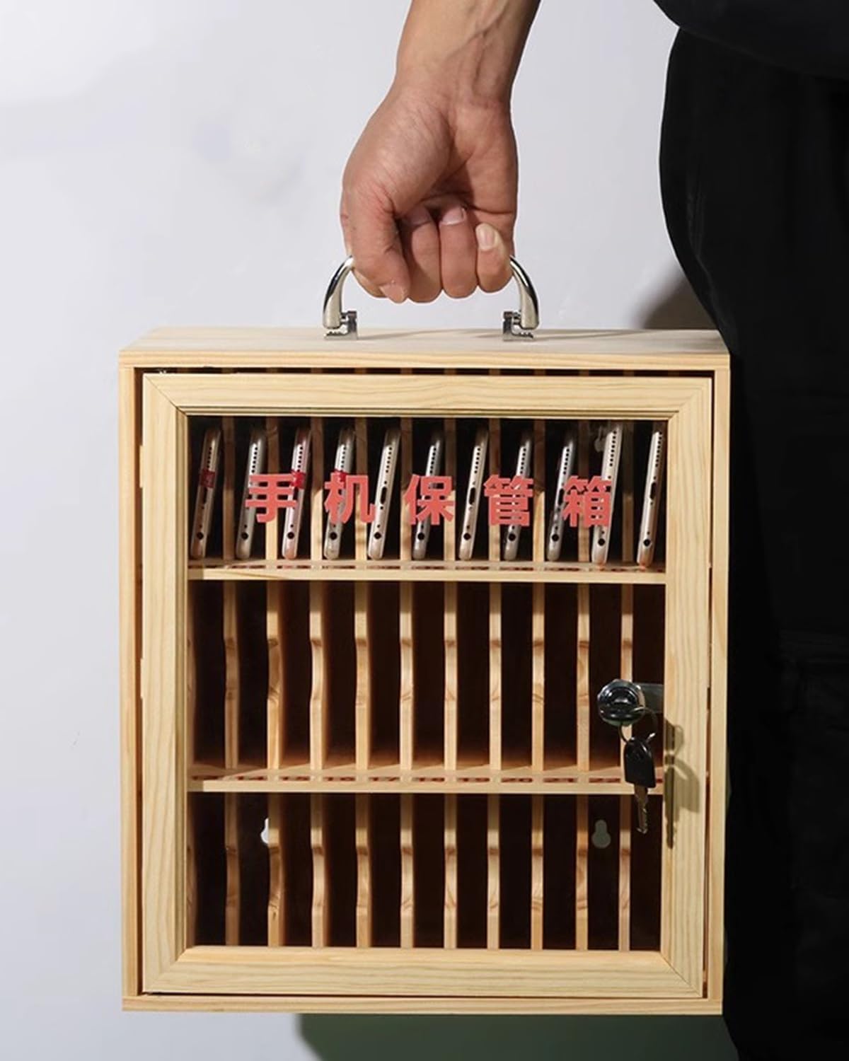 Mobile Phone Storage Box Transparent Acrylic Mobile Phone Security Locker with Key,Cell Phone Locker with Handle & Clear Acrylic Door - Wooden Phone Storage Cabinet, Mobile Phone Organizer f