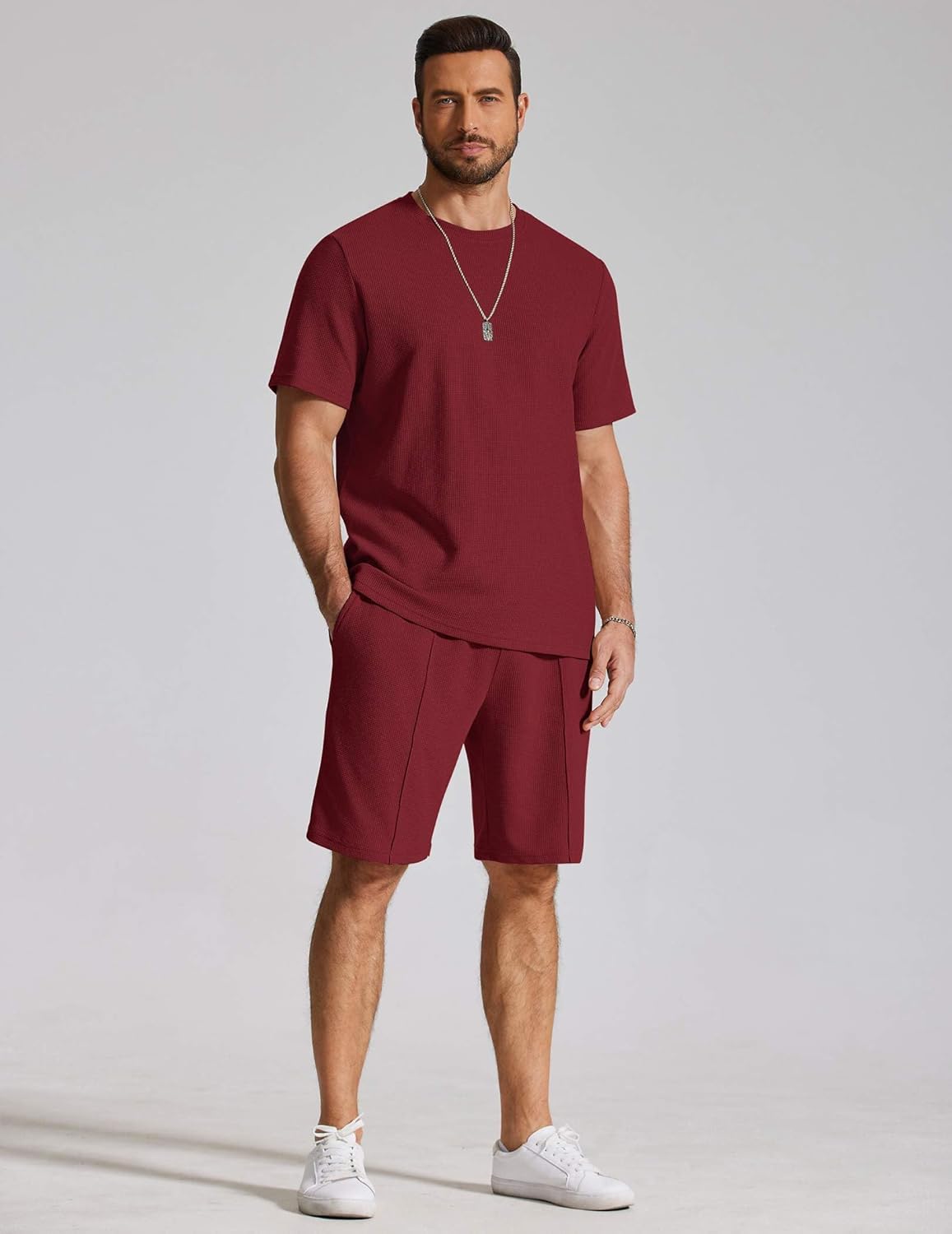 COOFANDY Mens 2 Pieces Outfits Casual Cotton T Shirt and Shorts Set Summer Short Sleeve Waffle Tracksuits - Image 5
