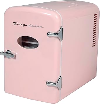 Frigidaire Pink Mini Personal Fridge Cooler, 1 Gal Capacity fits Six Cans, Includes Plugs for Home Outlet & DC Charger - 9.84 D x 7.09 W x 10.35 H