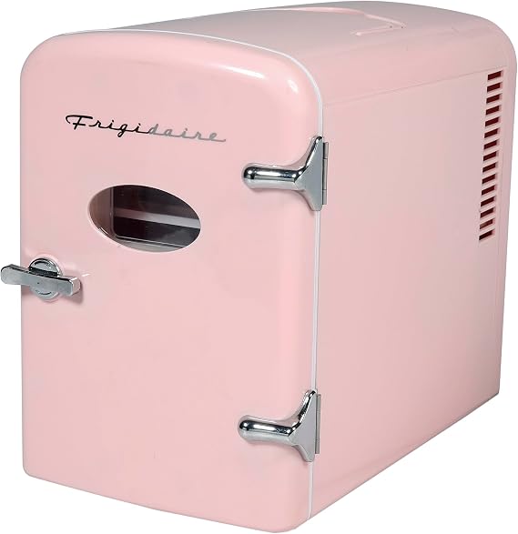 Frigidaire Pink Mini Personal Fridge Cooler, 1 Gal Capacity fits Six Cans, Includes Plugs for Home Outlet & DC Charger - 9.84 D x 7.09 W x 10.35 H