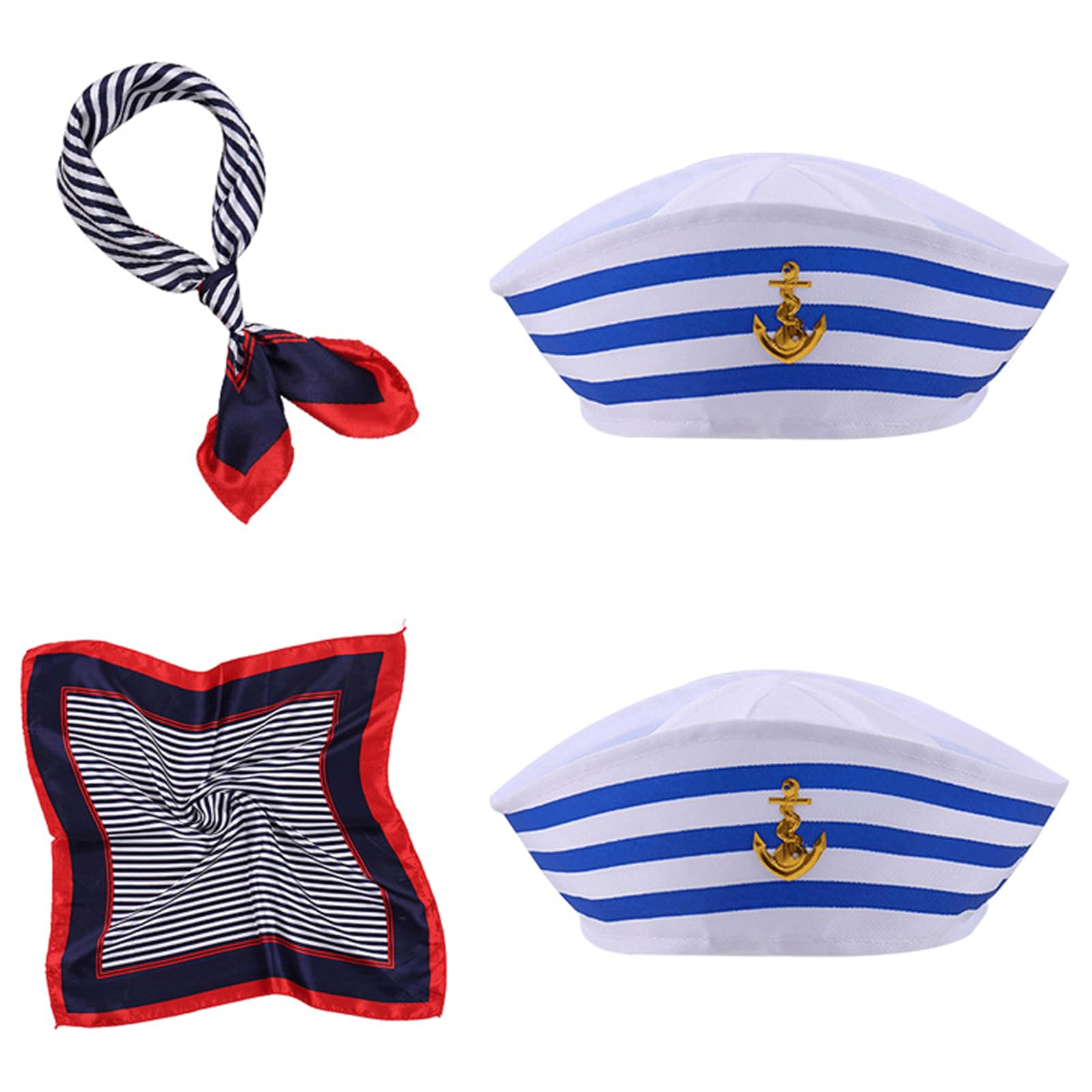 GWAWG 4pcs Captain Sailor Costume Set,Stripes Sailor Hat and Scarf Set,Yacht Captain Cap,navy dress accessories,sailor and captain costume accessories for Women Men Costume Accessory