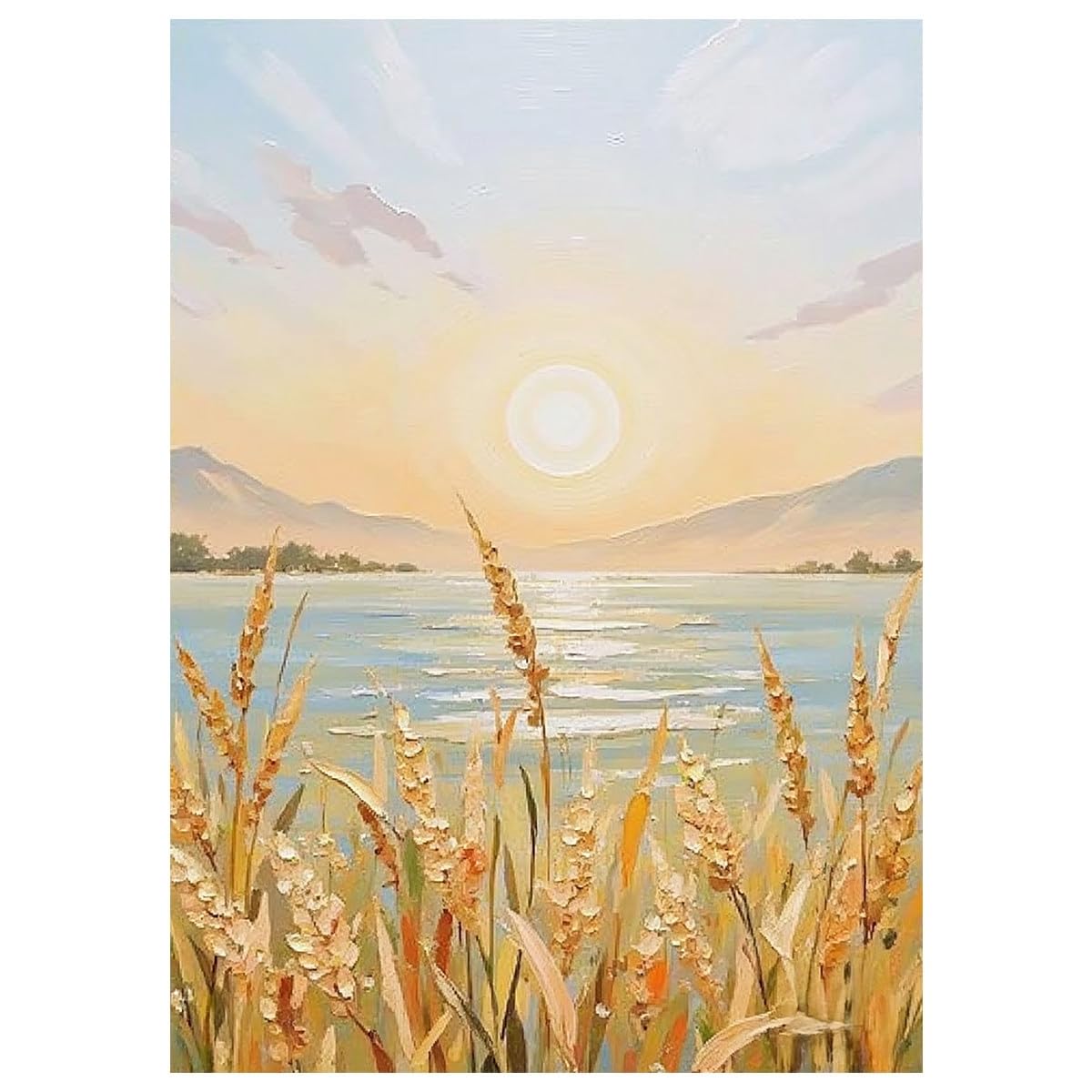 LCDIUDIU Hand Painted Textured Canvas Wall Art Golden Wheat Reed Sunrise Lake Landscape Unframed Oil Painting Modern Abstract Wall Decor for Living Room Bedroom 70X100Cm(28X40Inch)