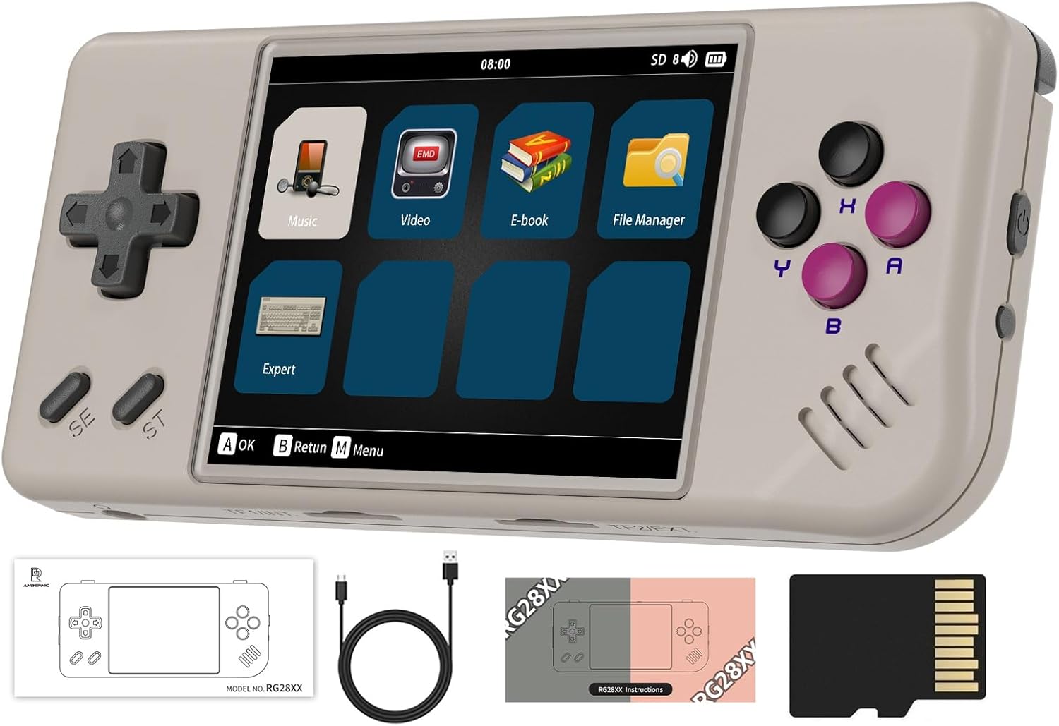 RG28XX Retro Handheld Game with Linux System, 2.83 Inch IPS Screen Built-in 32G TF Card 5516 Games Support Multimedia Application and TV Output(Gray)