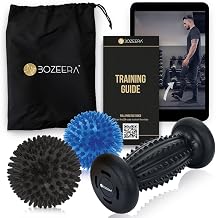Bozeera Foot Massage Roller & 2 Spike Ball Set 3 pcs - Plantar Fasciitis | Foot roller & 2 picot foot reflexology balls, muscle relief, arch relief, included: video, poster & bag