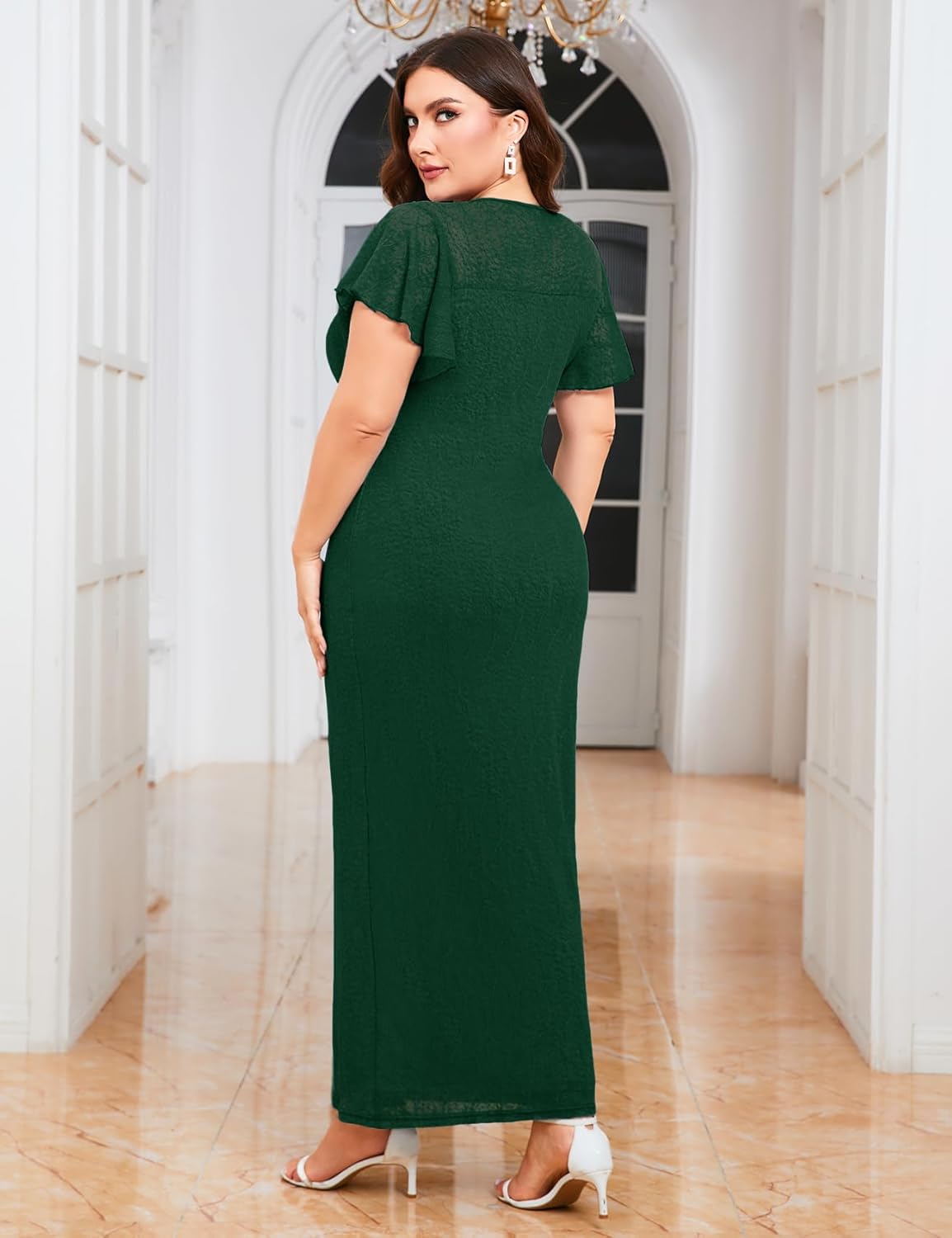 ZOMVA Plus Size Elegant Dress Leaf Lace Short Ruffle Sleeve Crew Neck Fitted Maxi Dresses Wedding Guest Cocktail Casual - Image 5