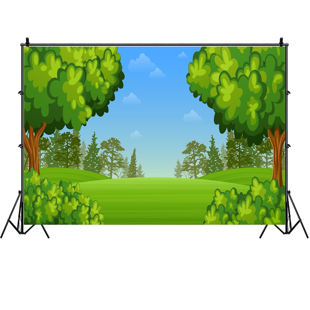 Cartone animato Foresta Sfondo 6,1x3 m Fiaba Infantile Foresta Sfondo Blu Cielo Verde Prato Paesaggio Estivo Scuola Asilo Evento Sfondo Baby Shower Compleanno Forniture