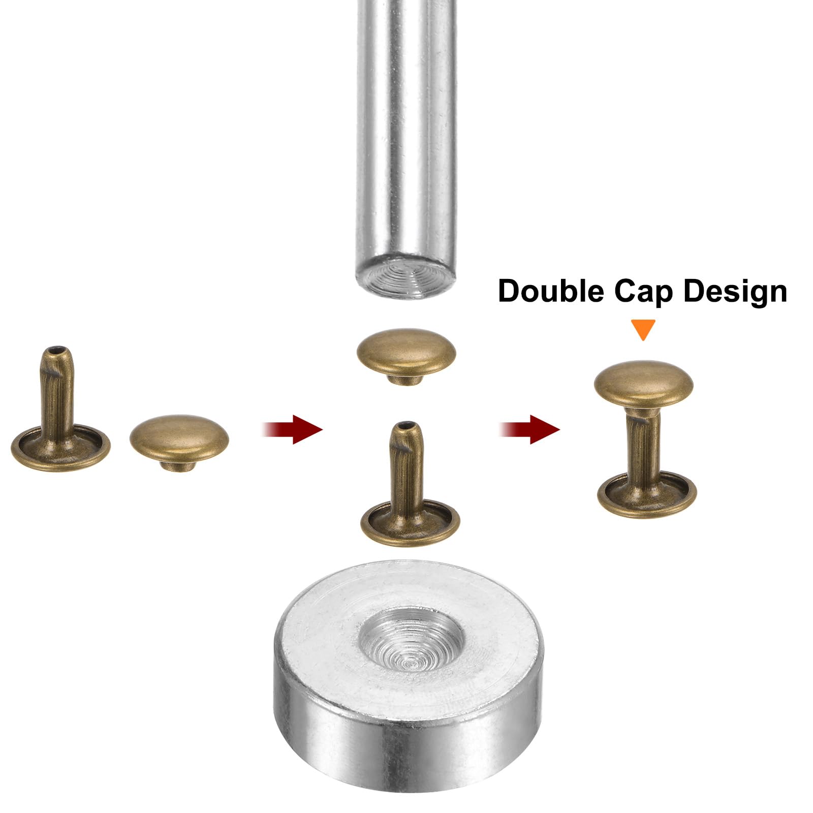 QUARKZMAN 100 Set di Rivetti in Pelle 8 x 8mm Elementi Fissaggio per Borchie con Rivetto a Doppio Cappuccio Metallo con 3 Rivetti Strumenti Impostazione per Artigianato Pelle, Tono Bronzo