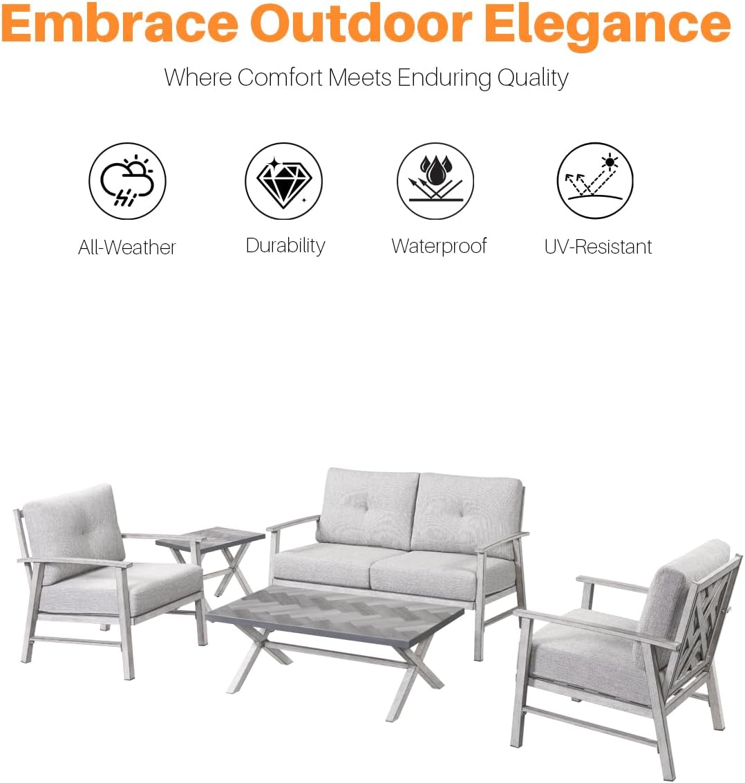 Outdoor Aluminum Patio Furniture Set, 4 Pieces Modern Patio Conversation Set with Thick Cushion, Weather-Resistant Outdoor Sectional Sofa Couch Sets for Poolside, Backyard, White Oak