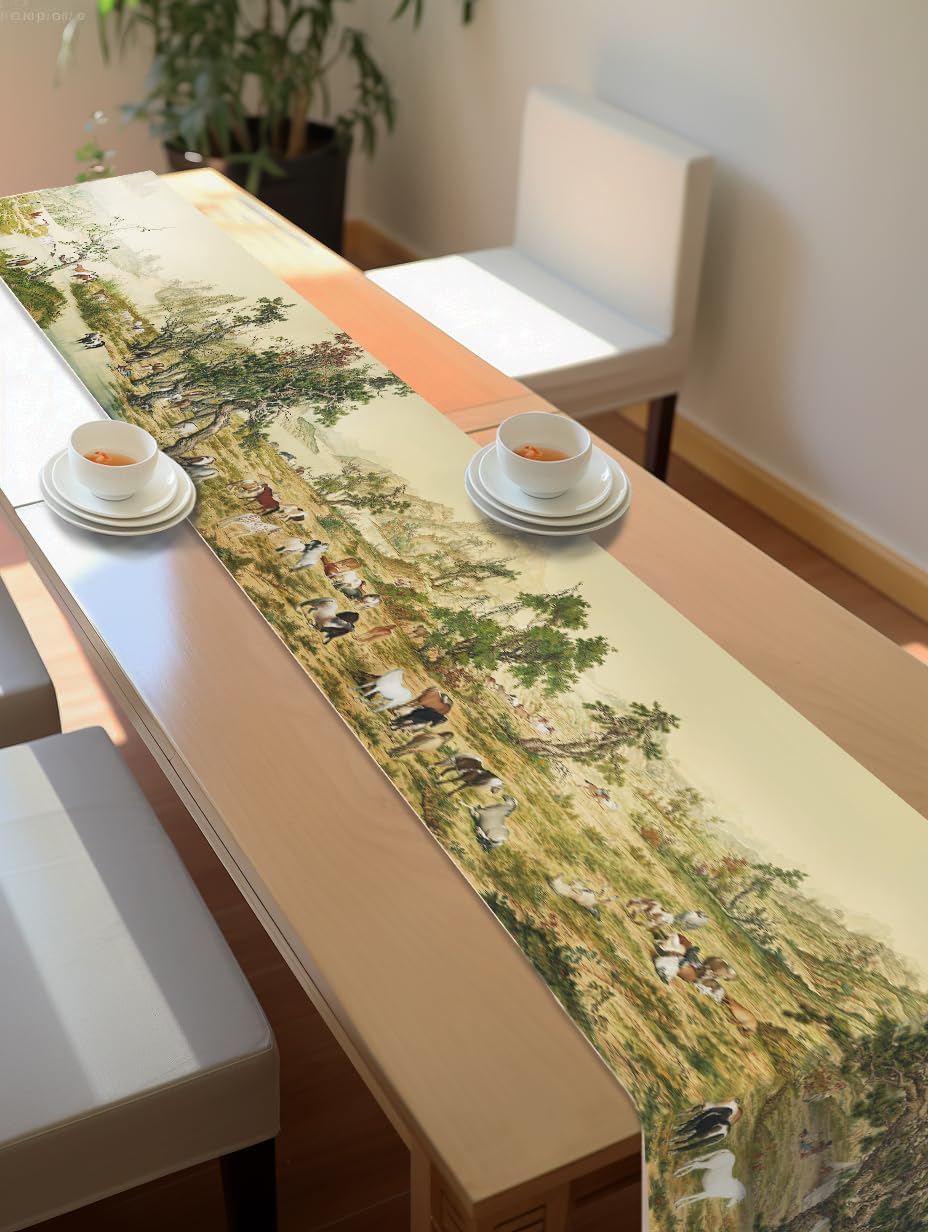Double-Layer 14x90 Lang Shining One Hundred Horses Table Runner, Traditional Chinese Court Art Design for Dining Table, Coffee Table, Bedside, Living Room, Console, Home Decor