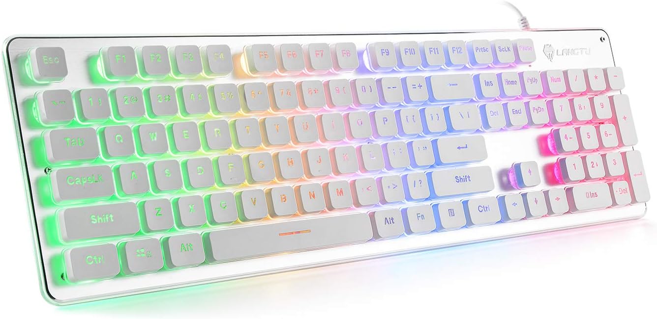 LANGTU Membrane Gaming Keyboard Rainbow LED Backlit Quiet Keyboard for Office USB Wired All-Metal Panel 25 Keys Anti-ghosting Computer Keyboard 104 Keys - L1 White/Silver