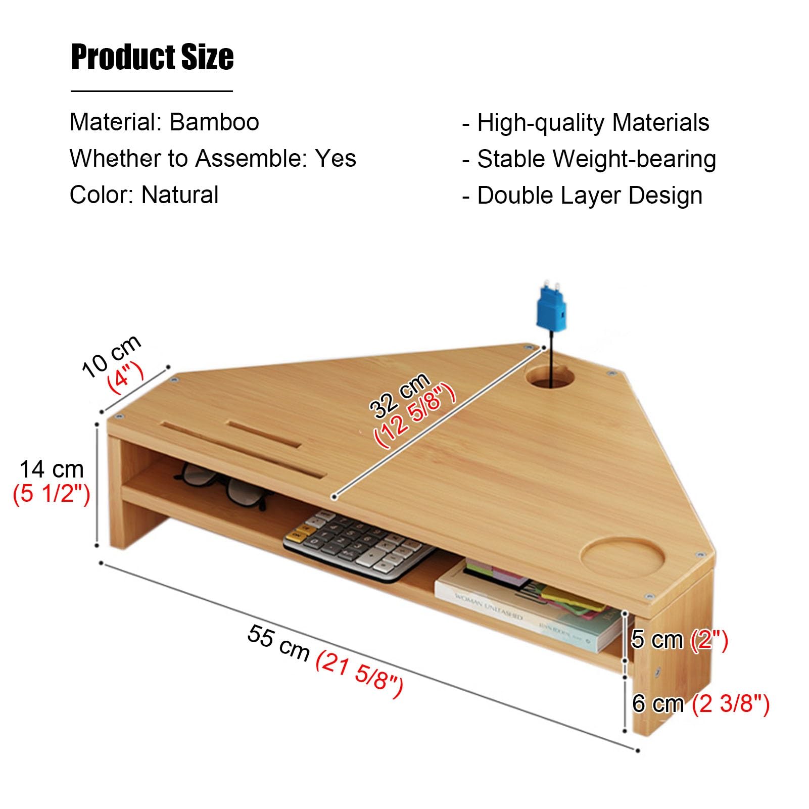 Eck-Monitorständer, 2-stöckig, Schreibtisch und Erhöhung, dreieckiges Design mit Aufbewahrung, natürliches Finish, für Zuhause, Büro, ergonomisch, höhenverstellbar, stilvolles Schreibtischzubehör
