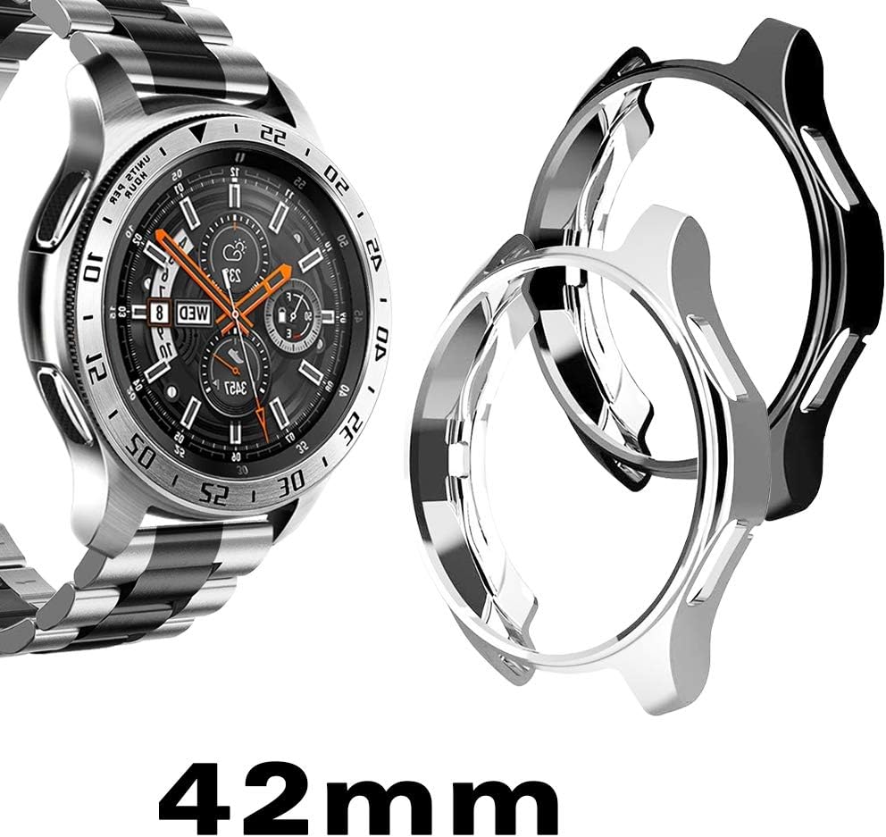 Mosonio Compatible with Samsung Galaxy Watch 42mm Bands + 2 Pack Soft TPU Protective Case Cover, 20mm Stainless Steel Metal Replacement Strap for Galaxy Watch (42mm)SM-R815/SM-R810(42mm, Silver+Black)