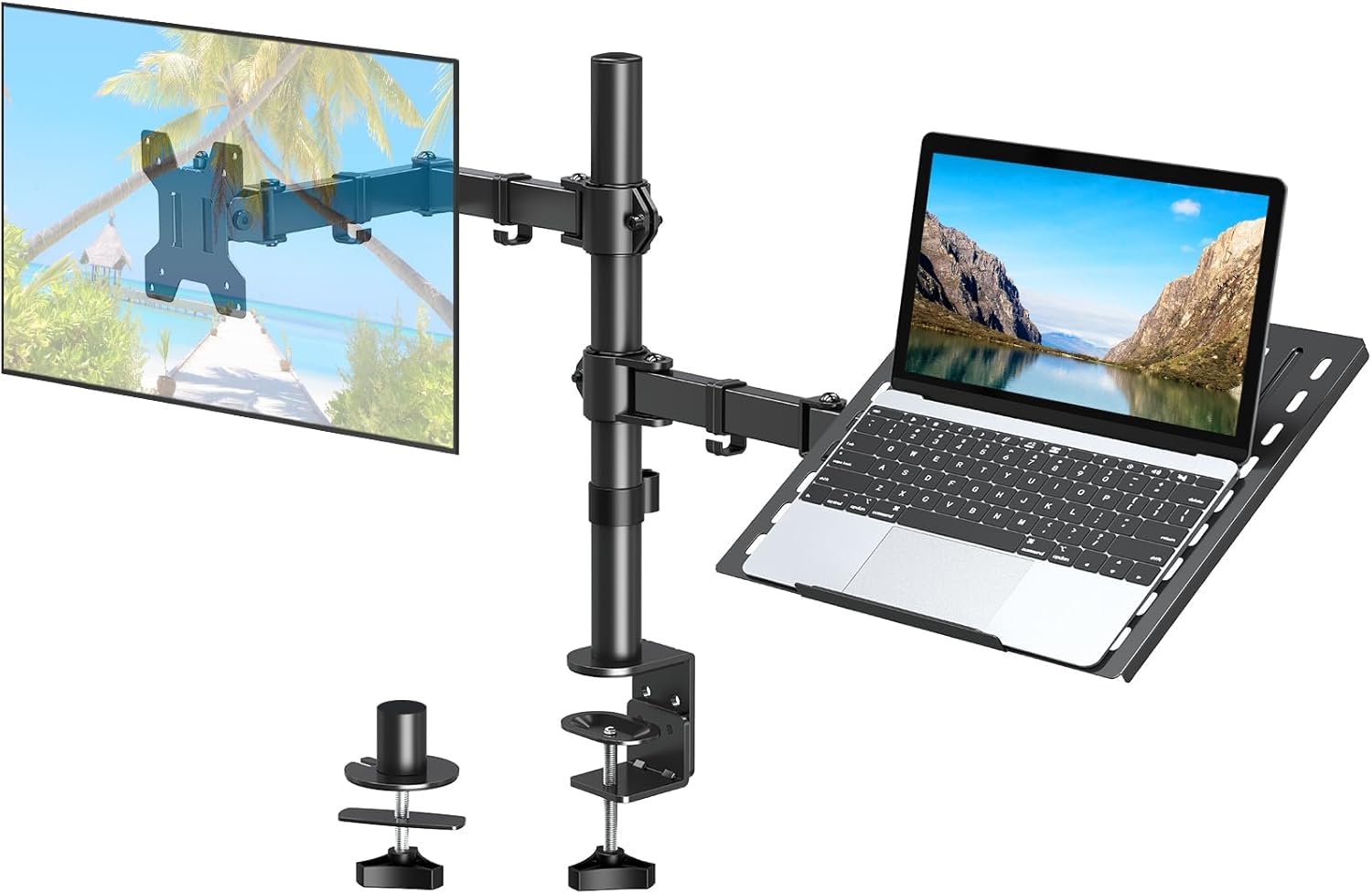ELIVED EV024 - Soporte para monitor con brazo para portátil para la mayoría de pantallas LCD LED de 13 a 27 pulgadas y portátiles de hasta 15,6 pulgadas, VESA 75 x 75 – 100 x 100 mm