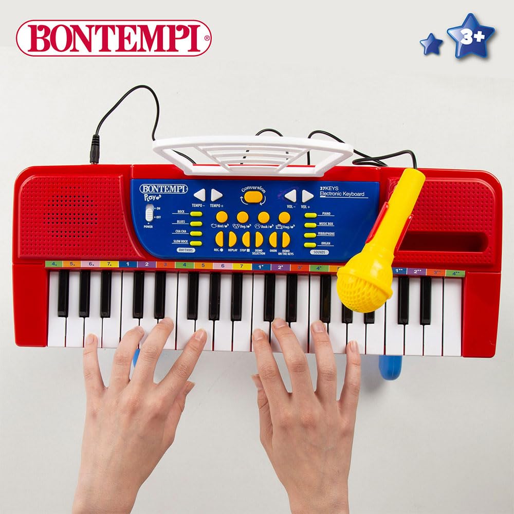 Bontempi Piano Infantil 37 Teclas con Taburete, micrófono y Atril, 4 Sonidos, 4 ritmos, 11 melodías, Función Aprendizaje Okon, Conexión USB-C o 4 Pilas AA (N/I), Juguete Musical, +3 años (47907)