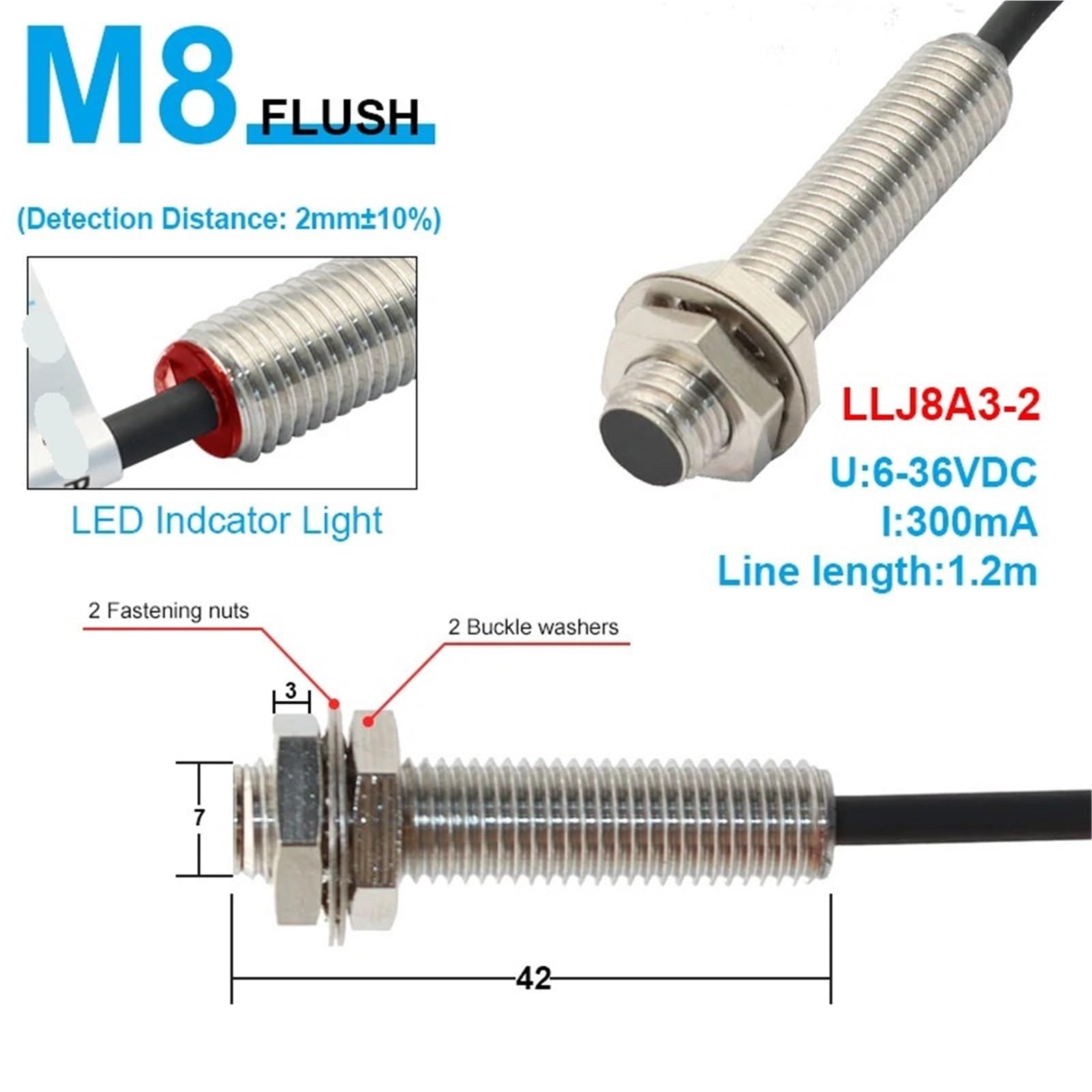 1 szt. M8 M12 M18 czujnik zbliżeniowy dalekiego zasięgu zasięg wykrywania 2/4 4/8 10/15 15/25 mm PNP NPN NO NC LLJ12A3 AC DC 6-36V (LLJ8A3-2, NPN NO)