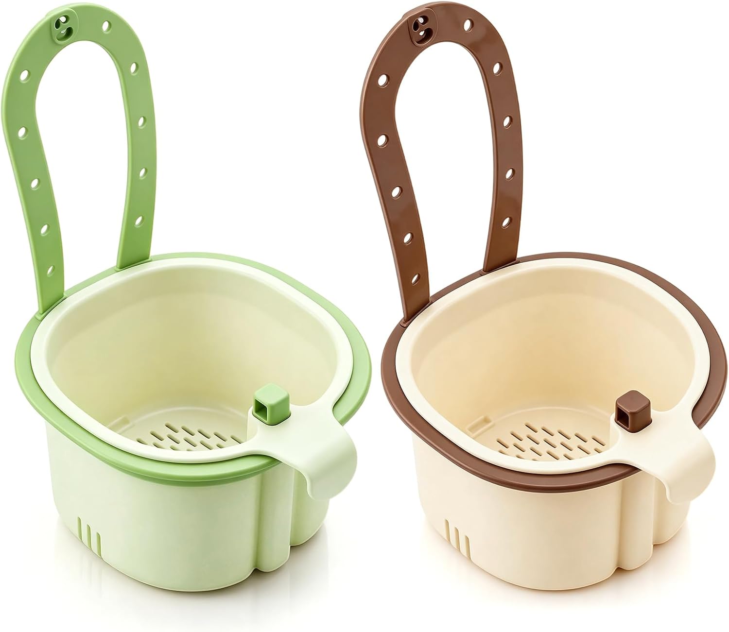 2pc 2026 New Hanging Sink Drain Basket for Kitchen, Multifunctional Faucet Hanging Sink Drain Strainer Filter Basket, Self-Cleaning Press Automatic Dumping Kitchen Sink Waste(Green and Brown)
