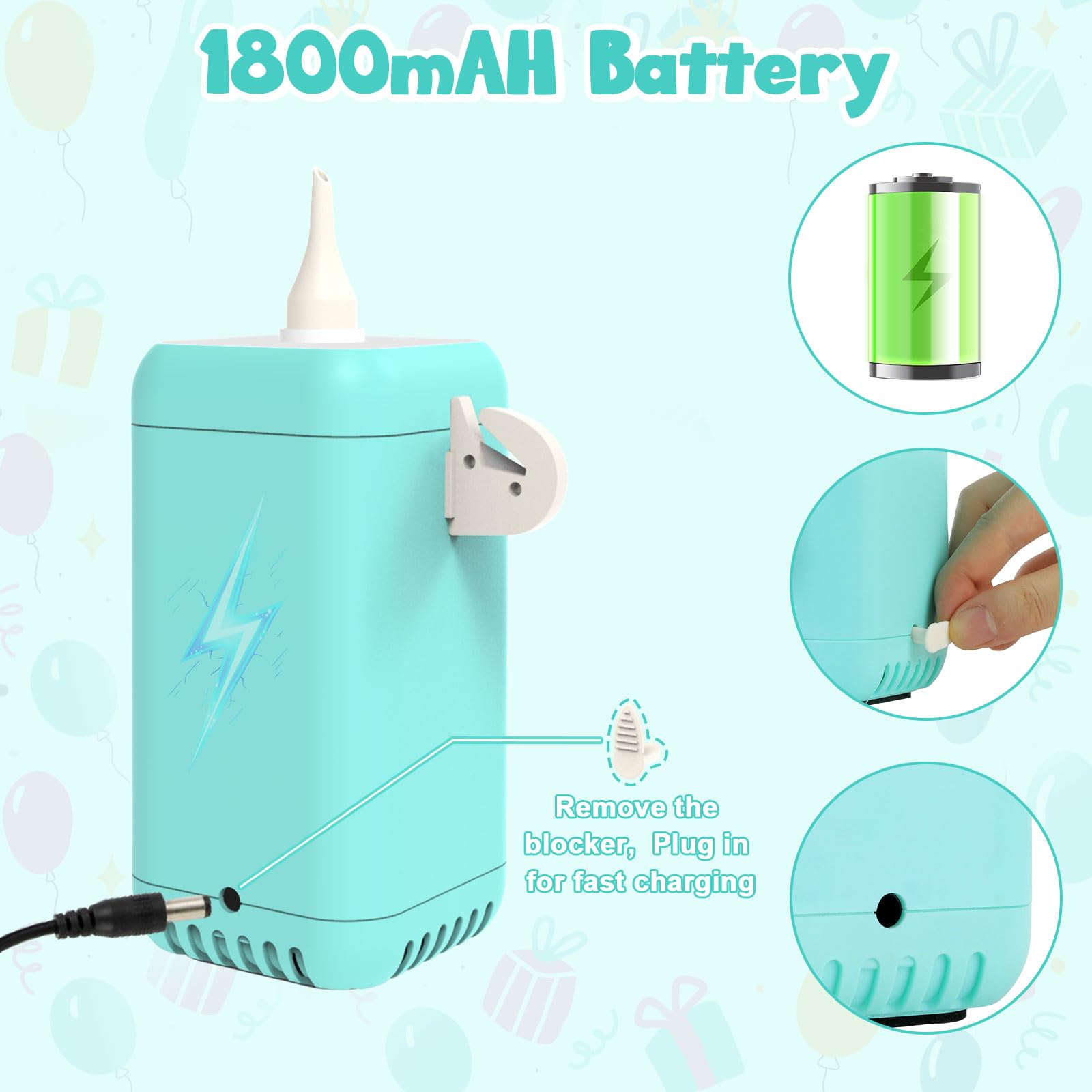 Kusamue Balloon Pump Electric with Battery, 2-in-1 Electric Air Pump for 260/160,Foil, Latex Balloons and Sport Balls(Green,1800mAH)