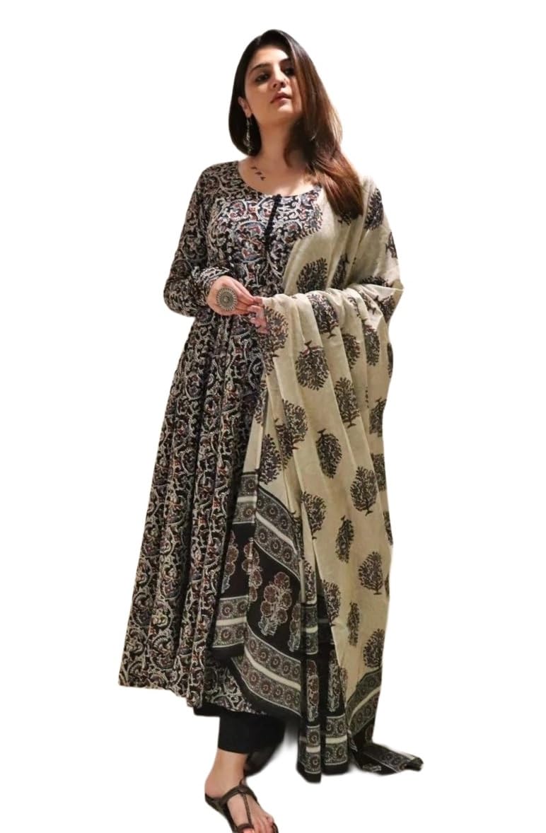 Nermosa Women Printed Anarkali Kurta and Pant Set with Dupatta | Printed Kurta Set | Cotton Suit | Women Kurta Sets | (IN, Alpha, M, Standard, Black)
