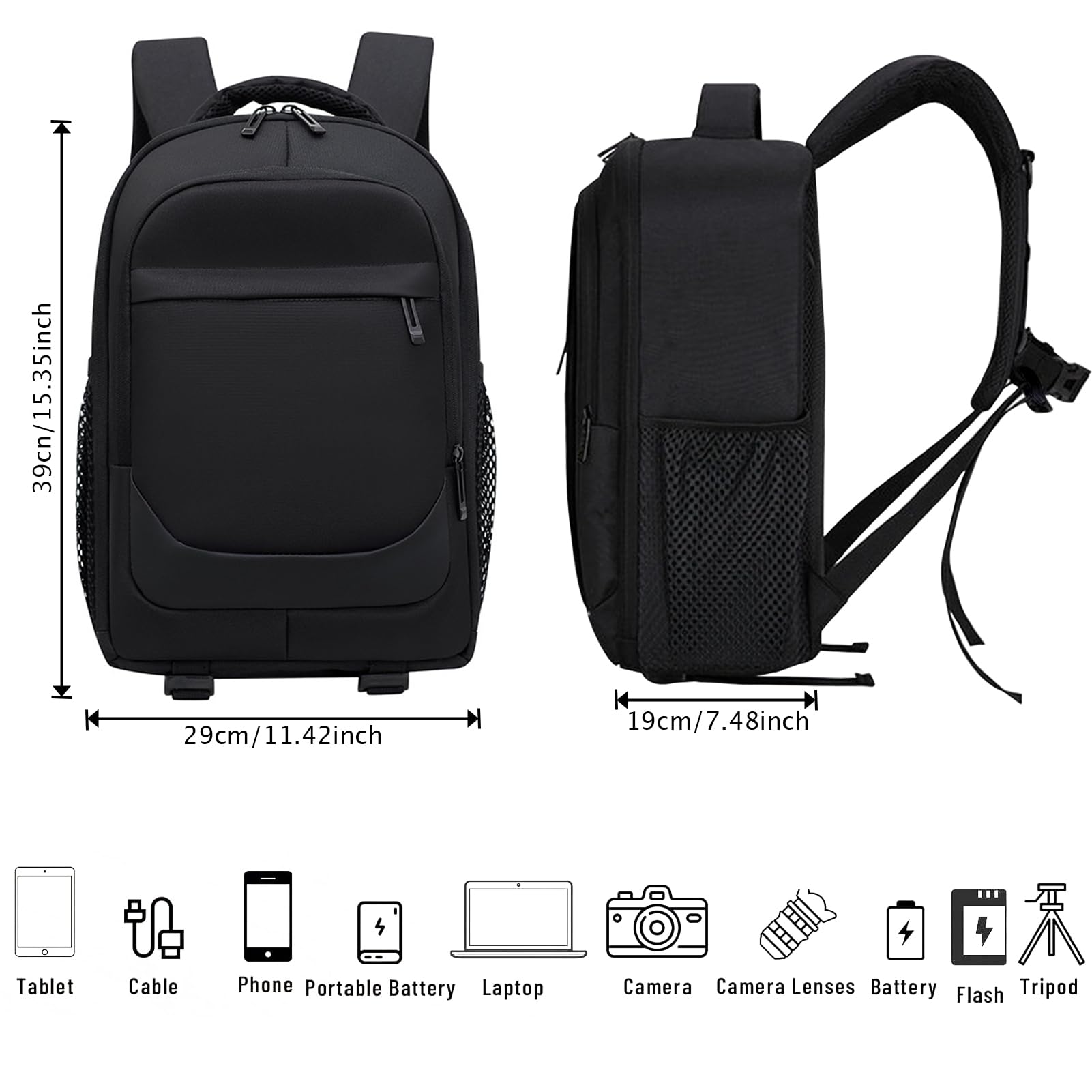 Kamerarucksack Groß, Fotorucksack für DSLR, Spiegelreflexkamera und spiegellose Kamera, Kamera Rucksack 39 x 29 x 19 cm mit Regenhülle, Trennwänden, Laptopfach und Brustgurt, Schwarz