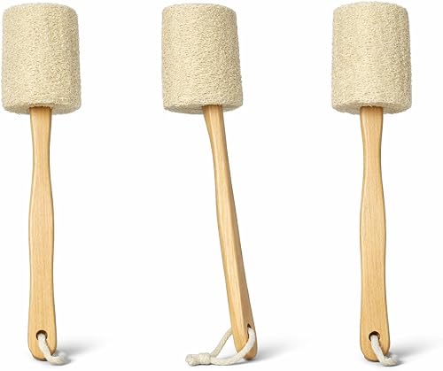 Back Loofah Scrubber Brush with Wooden Handle, Natural Exfoliating Bath Sponge