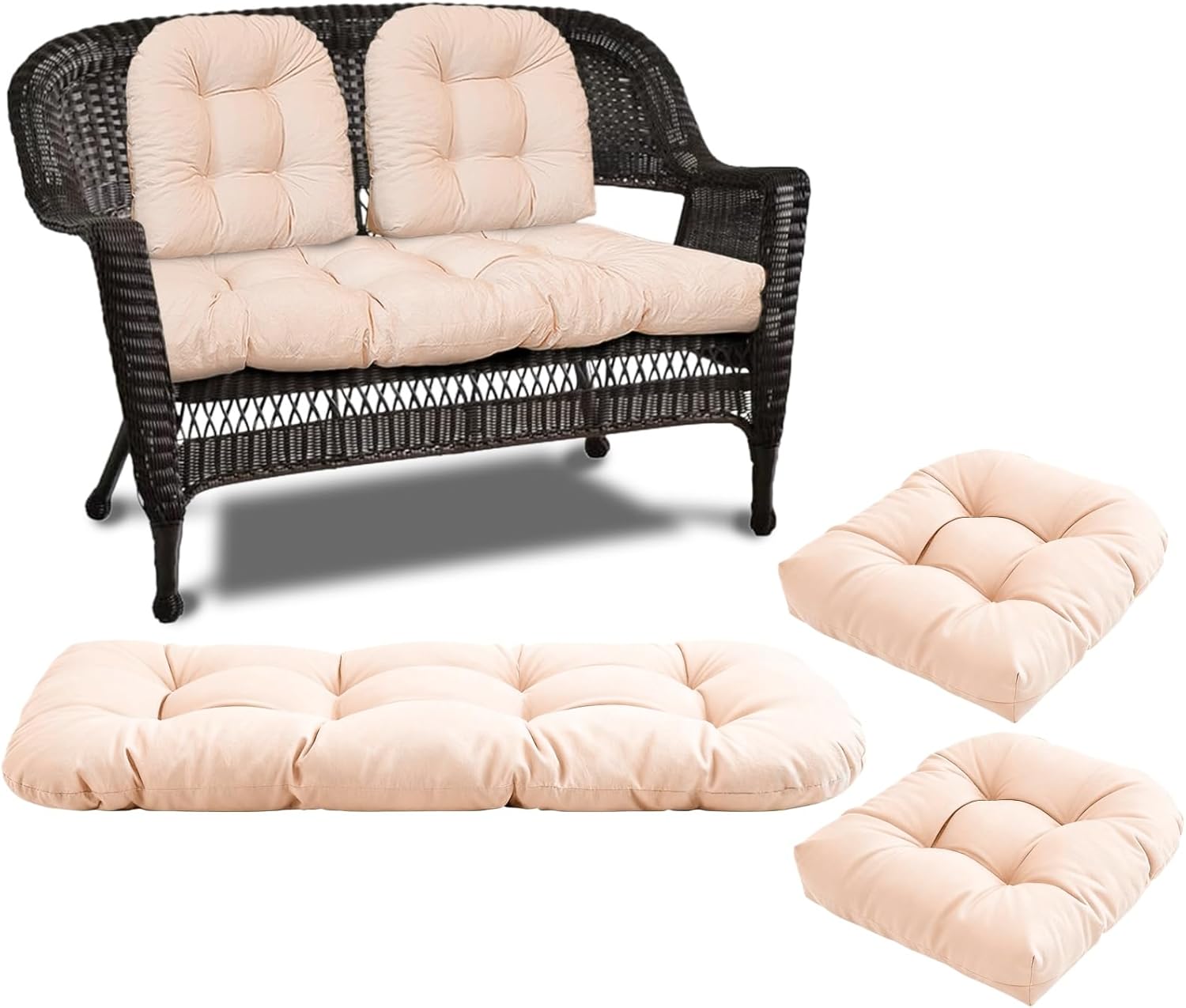 Wicker Chair Cushions 3 Piece Set, Waterproof Outdoor Cushions for Patio Furniture, Loveseat and U-Shaped Wicker Furniture Cushions, Khaki