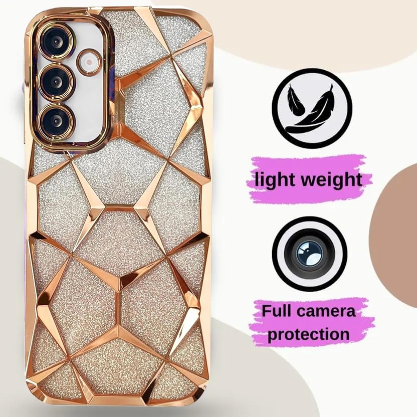 Image of VONZEE Gradient Glitter Clear Case for Samsung S25 Plus, Luxury Electroplated 3D Cube, Diamond Bling Shiny Soft TPU Clear Shockproof Women Girls Protective Phone Cover (Gold)