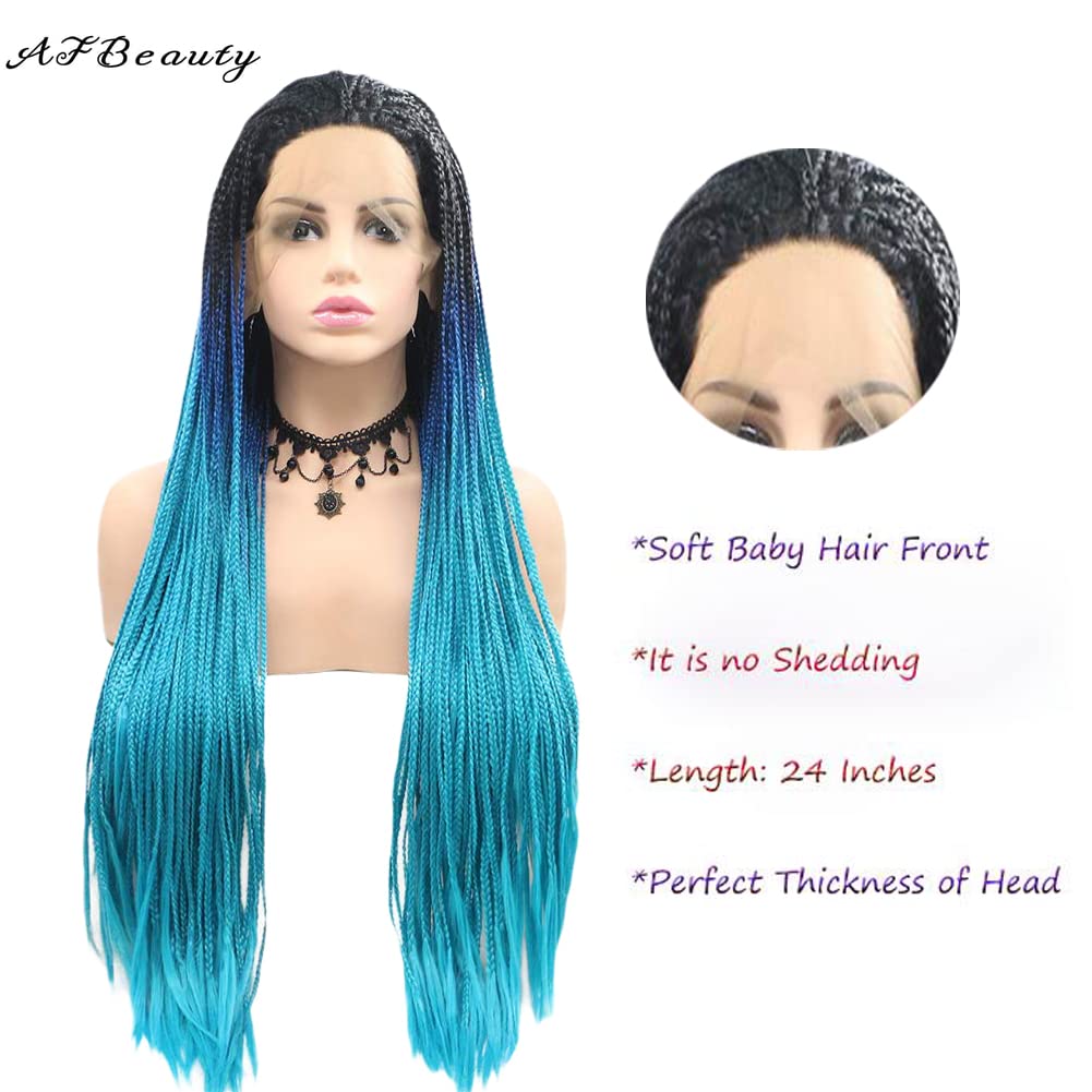 AFBeauty Black Omber Blue Braid Wig for Women Long Synthetic Multi-Color Micro Braided Lace Front Wig Heat Resistance Fiber Afro Braided 26 Inch - Image 3