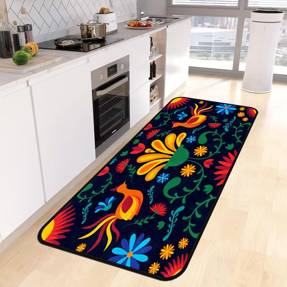 Mexican Bird Floral Colorful Kitchen Rug,Kitchen Runner Rug Non Slip Washable Standing Desk Mat Laundry Room Runner Rug Area Rugs for Floor Bathroom,