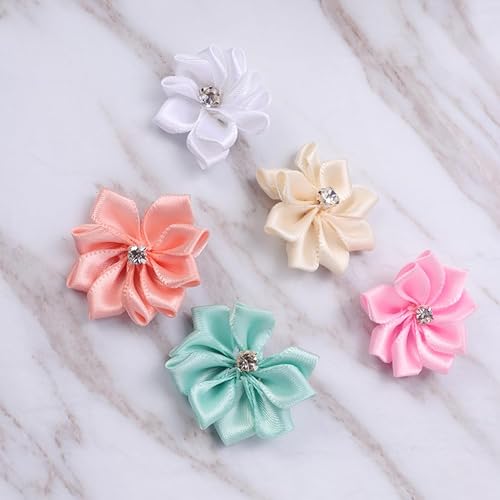 Miniatura 5 de EXCEART 80 piezas de cinta de raso flores diadema para bebé, diadema de bricolaje, aretes de flores, colgante de flores, fabricación de joyas, cinta