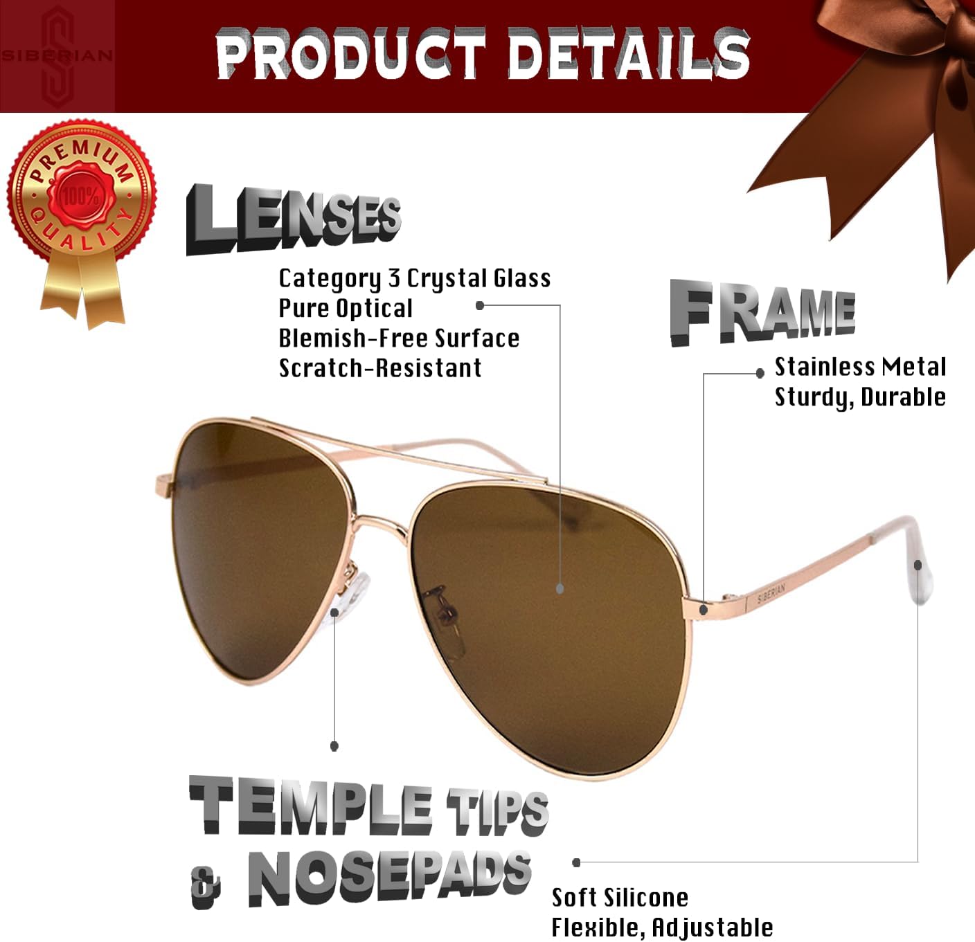 SIBERIAN 100% Real Glass Aviator 60mm USA Premium Pilot Sunglasses Men/Women UV400 Protection Non-Polarized