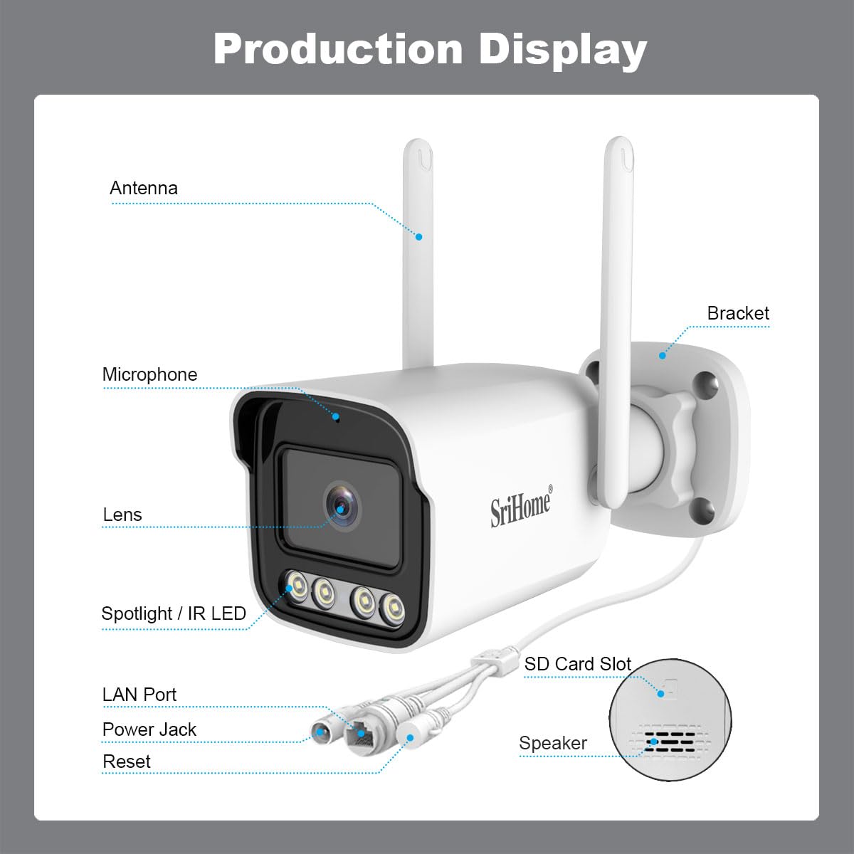 SRIHOME Sricam SP007-S Cámara de Vigilancia WiFi Exterior, Visión Nocturna, HD 3MP Impermeable IP66, Seguridad Exterior, Detección de Movimiento, Email Alarma Compatible con iOS Android y Windows PC