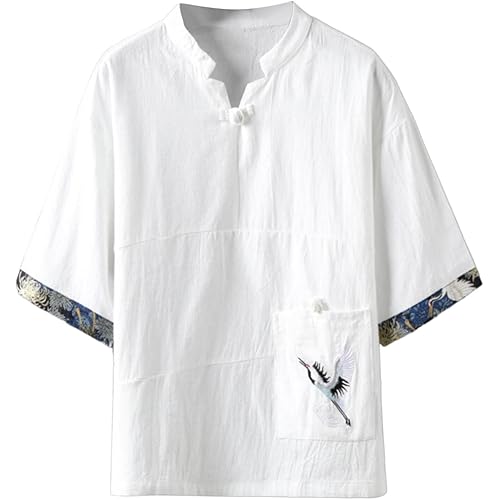 Mens Cotton Linen Henley Shirts Martial Arts Kung Fu Chinese Traditional Tai Chi Tang Suit Short Sleeve Button Up Yoga Tops