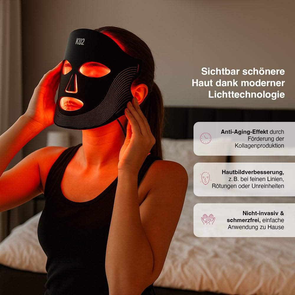 KU2 LED Lichttherapie Maske + Superlift Spilanthol Serum – Anti Aging Hautpflege Set mit Multi Hyaluron & Peptiden – LED Gesichtsmaske für glattere & hydratisierte Haut