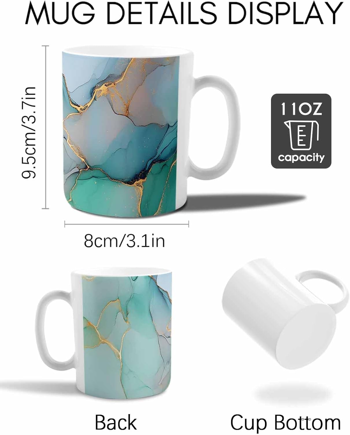 BEMIGO Ceramic Coffee Mug Marble Texture Ceramic Mug White Cup, Aqua Cyan Gold Insulated Coffee Cup with Handle with Pattern Perfect for Tea and Hot Beverages, 12oz