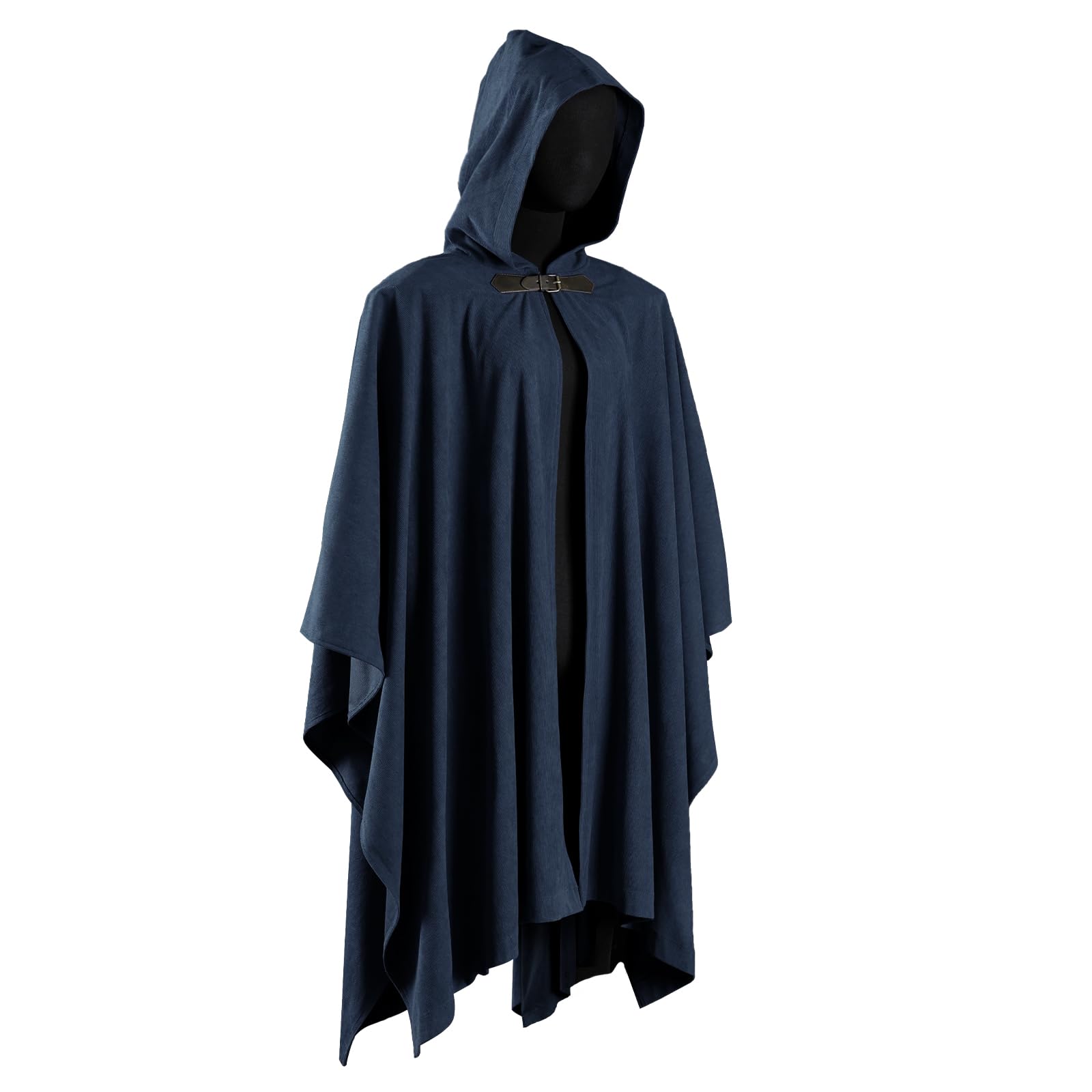 HiiFeuer Medieval Corduroy Hooded Cloak with Adjustable Brooch, Fantasy Poncho Renaissance Costume Cape Ren Faire Cosplay (Blue) - Image 4